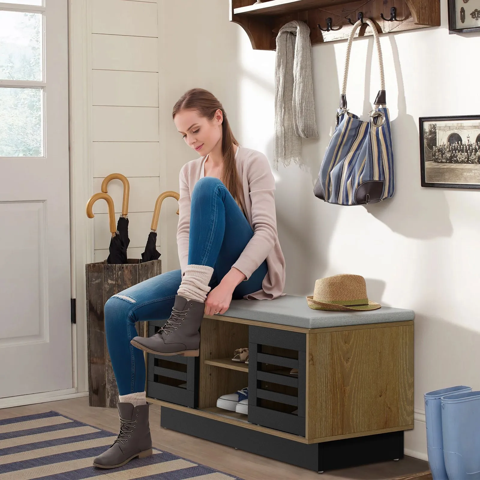 Costway Shoe Rack Storage Bench Organizer W/Cushion Adjustable Shelf Slide Door Natural 4