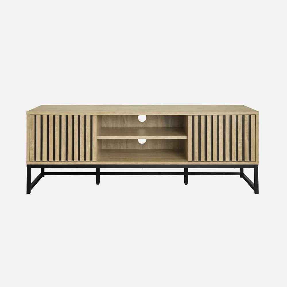 sweeek 120cm Tv Unit Grooved Wooden Effect & Metal 2 Doors in Light Brown 2