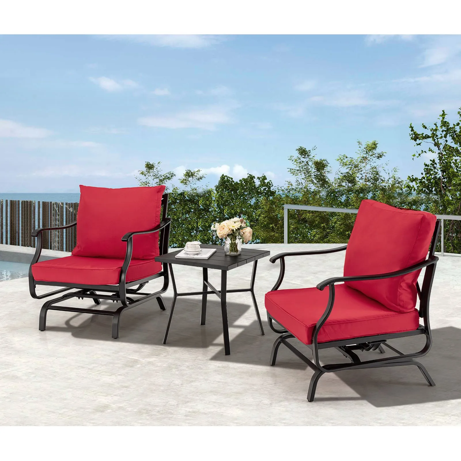 Costway 3 Piece Rocking Chair & Table Set, Patio Bistro Set Glider Rocker Seat in Red