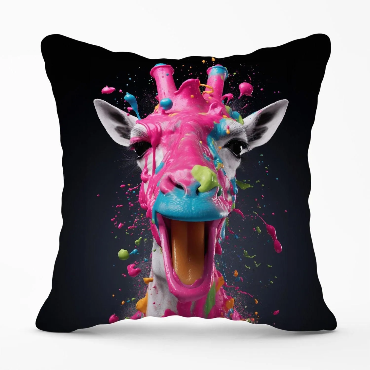 Warren Reed - Designer Splashart Giraffe Face Pink Outdoor Cushion