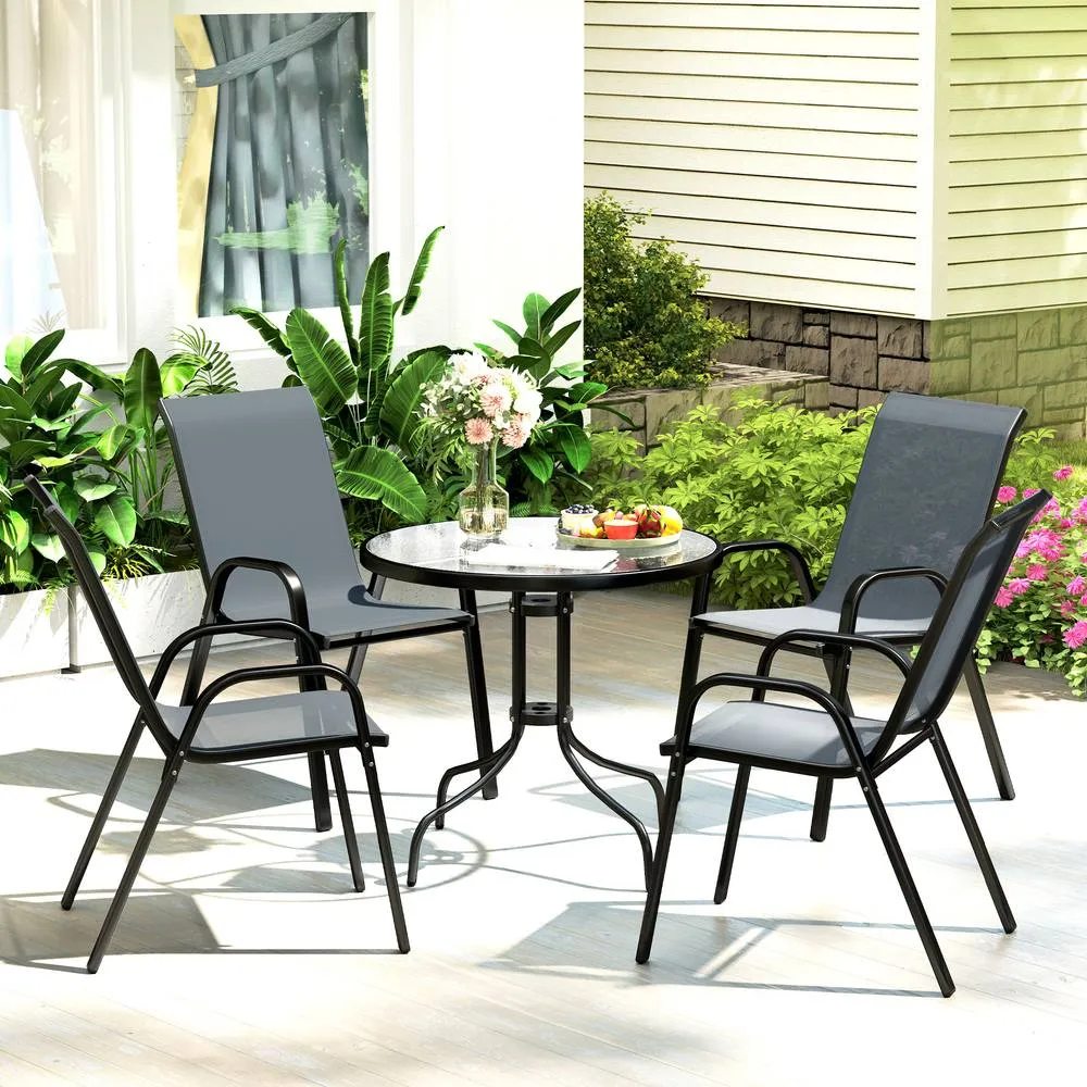 OUTSUNNY 5 PCs Garden Furniture Set, Round Table & Stackable Chairs, Grey in Dark Grey