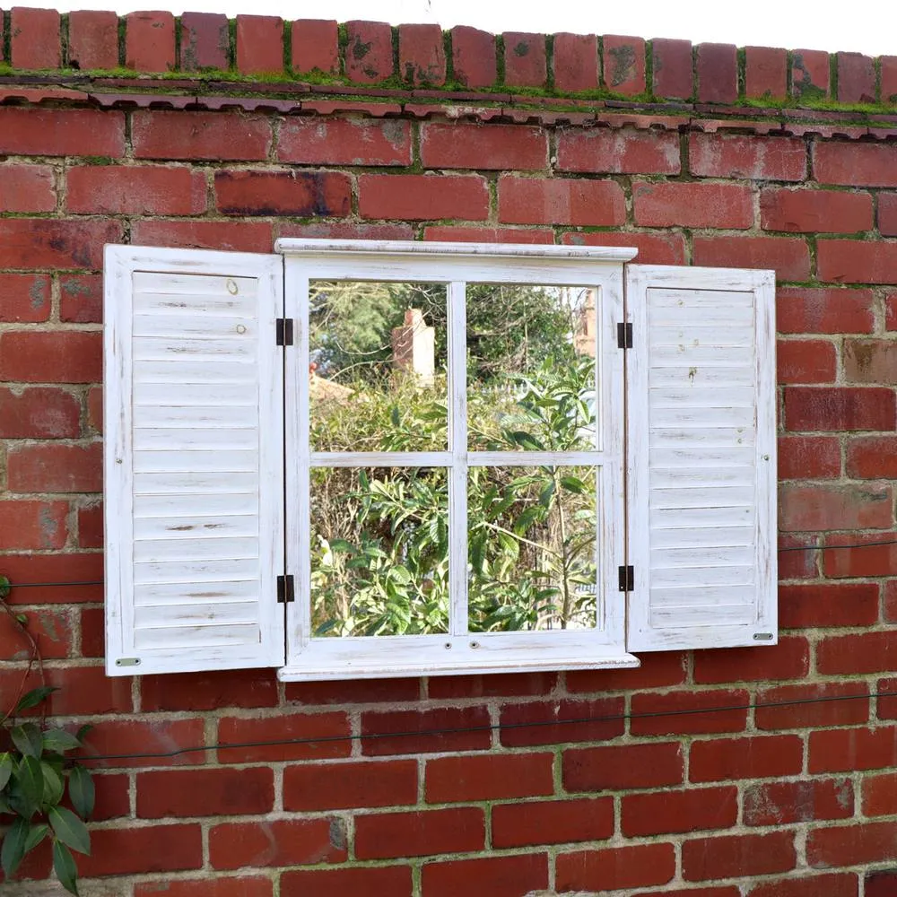 Melody Maison Distressed Ivory Shutter Style Garden Wall Mounted Mirror 60cm X 70cm