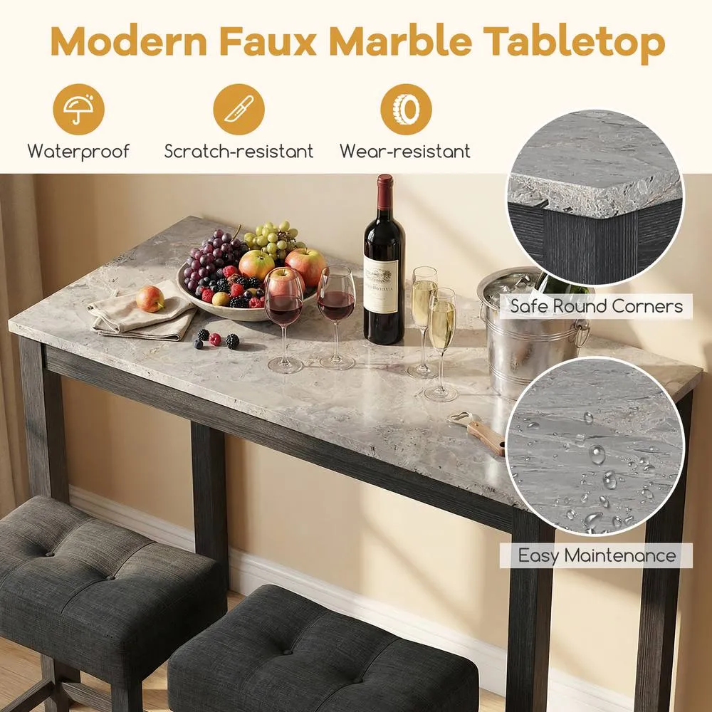 Costway 3PCS Bar Table Set w/ Charging Station Modern Pub Table w/ 2 Stools in Grey 6
