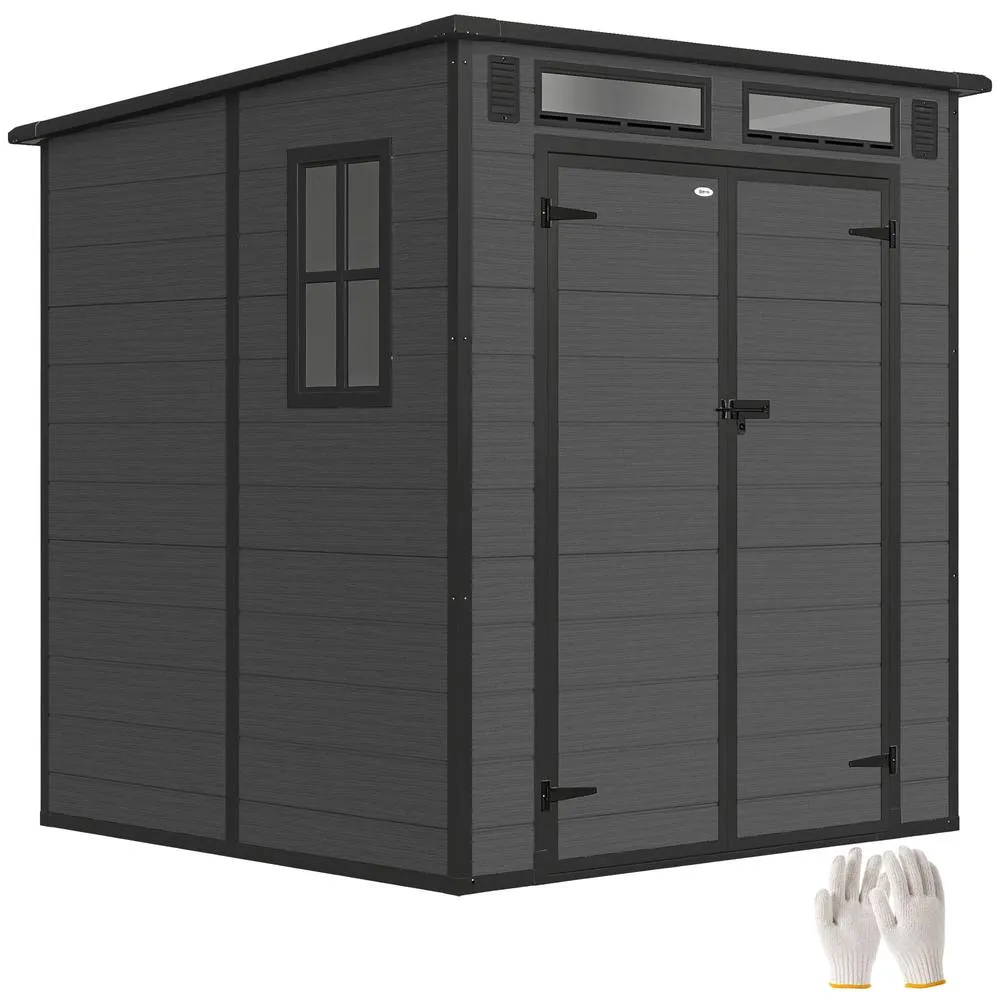 OUTSUNNY 6 x 6 ft Plastic Garden Shed with Floor, Lockable Doors in Dark Grey