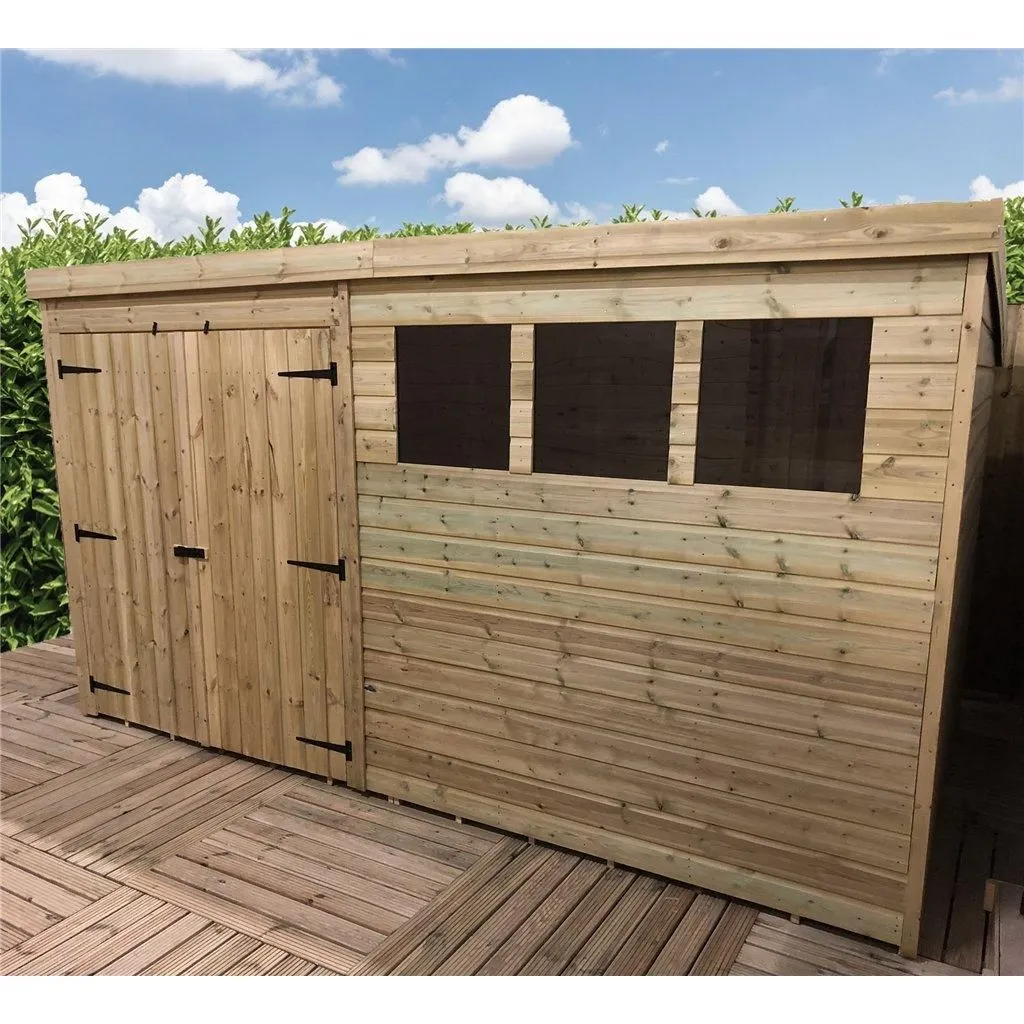 Marlborough 12 x 4 Pressure Treated Pent Garden Shed with Double Doors in Natural 3
