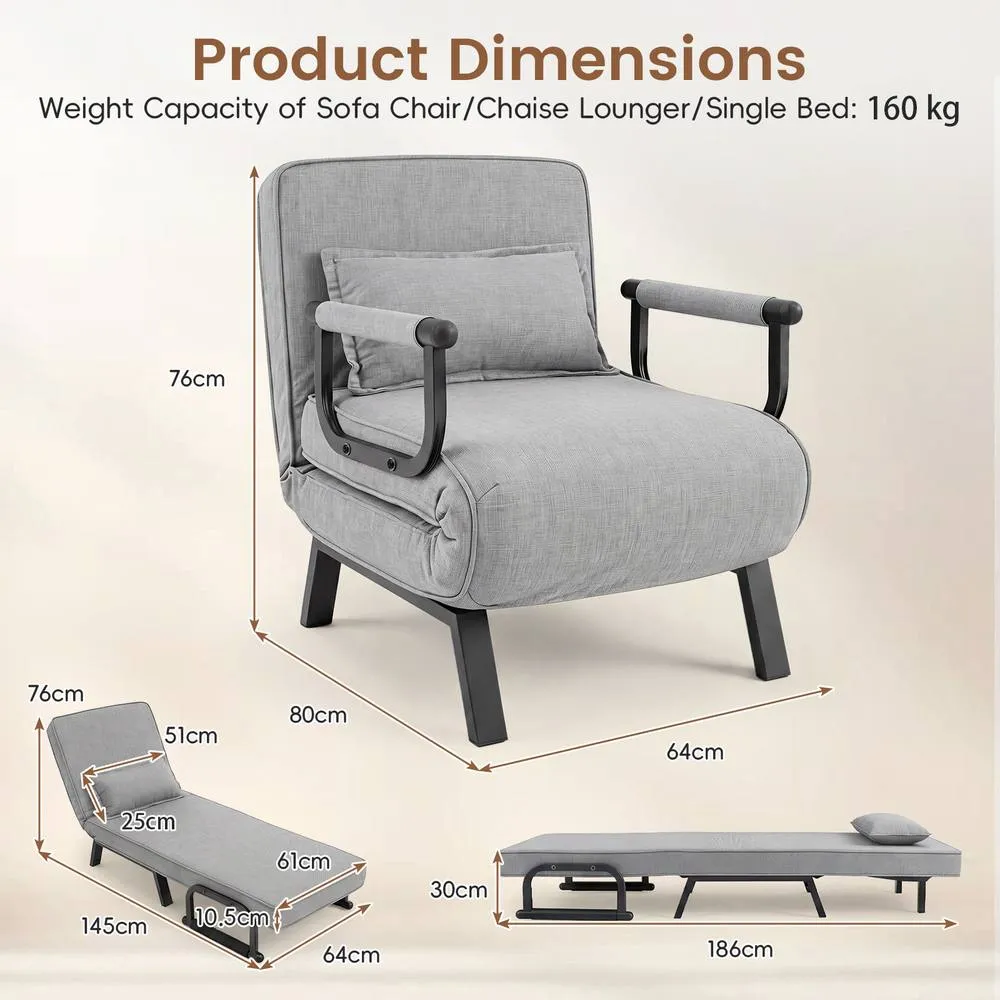 Costway Convertible Sleeper Chair Folding Sofa Bed with Adjustable Backrest in Grey 2