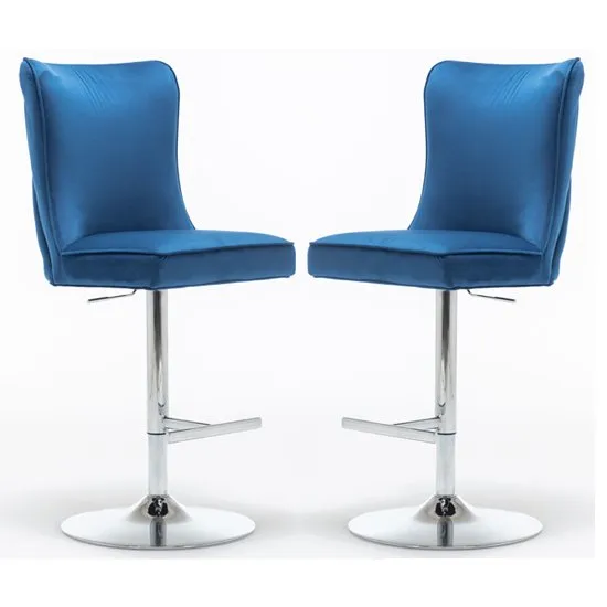 Belkon Blue Velvet Upholstered Gas-Lift Bar Chairs In Pair