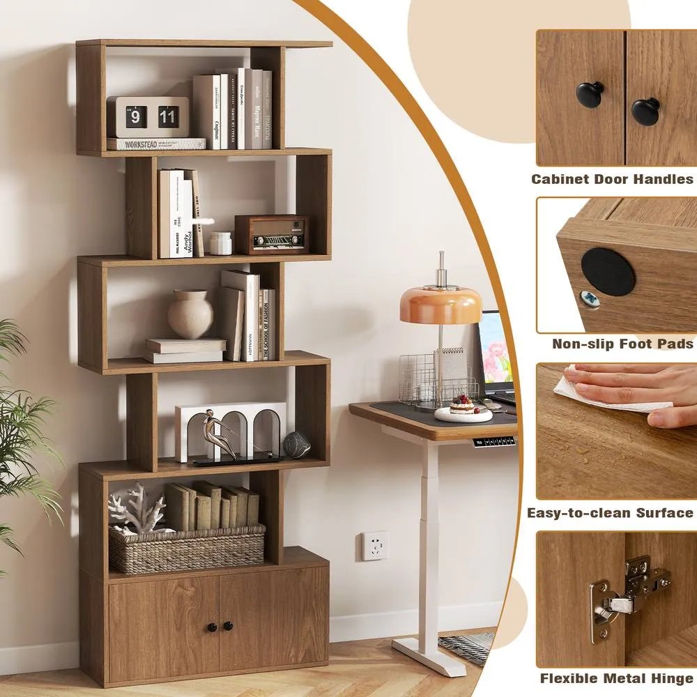 Costway 6-Tier Bookshelf w/ Cabinet S-Shaped Bookcase Shelf Storage Organizer in Natural 4