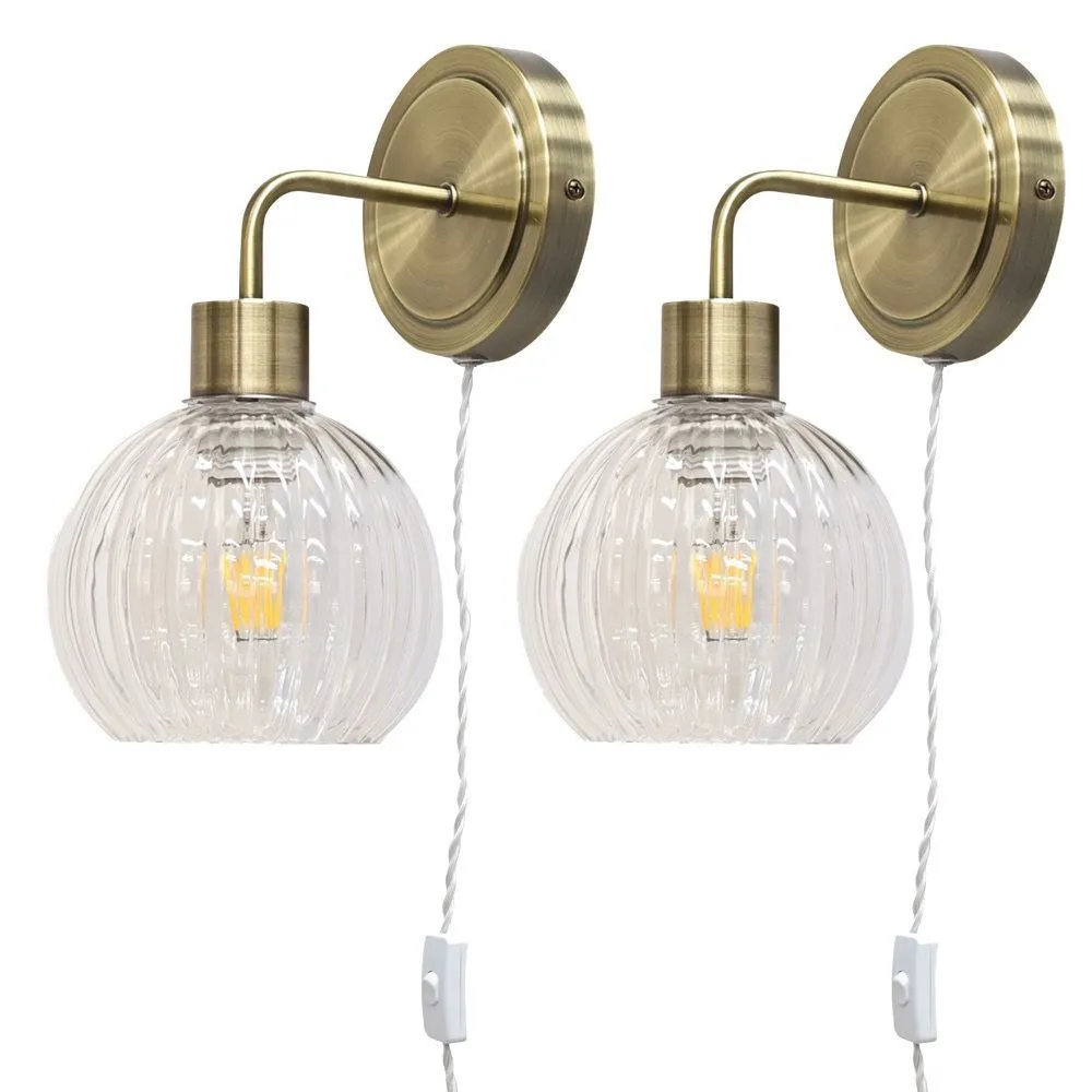 First Choice Lighting Set of 2 Toby - Antique Brass Plug in Wall Lights Clear Globe Shades in Gold