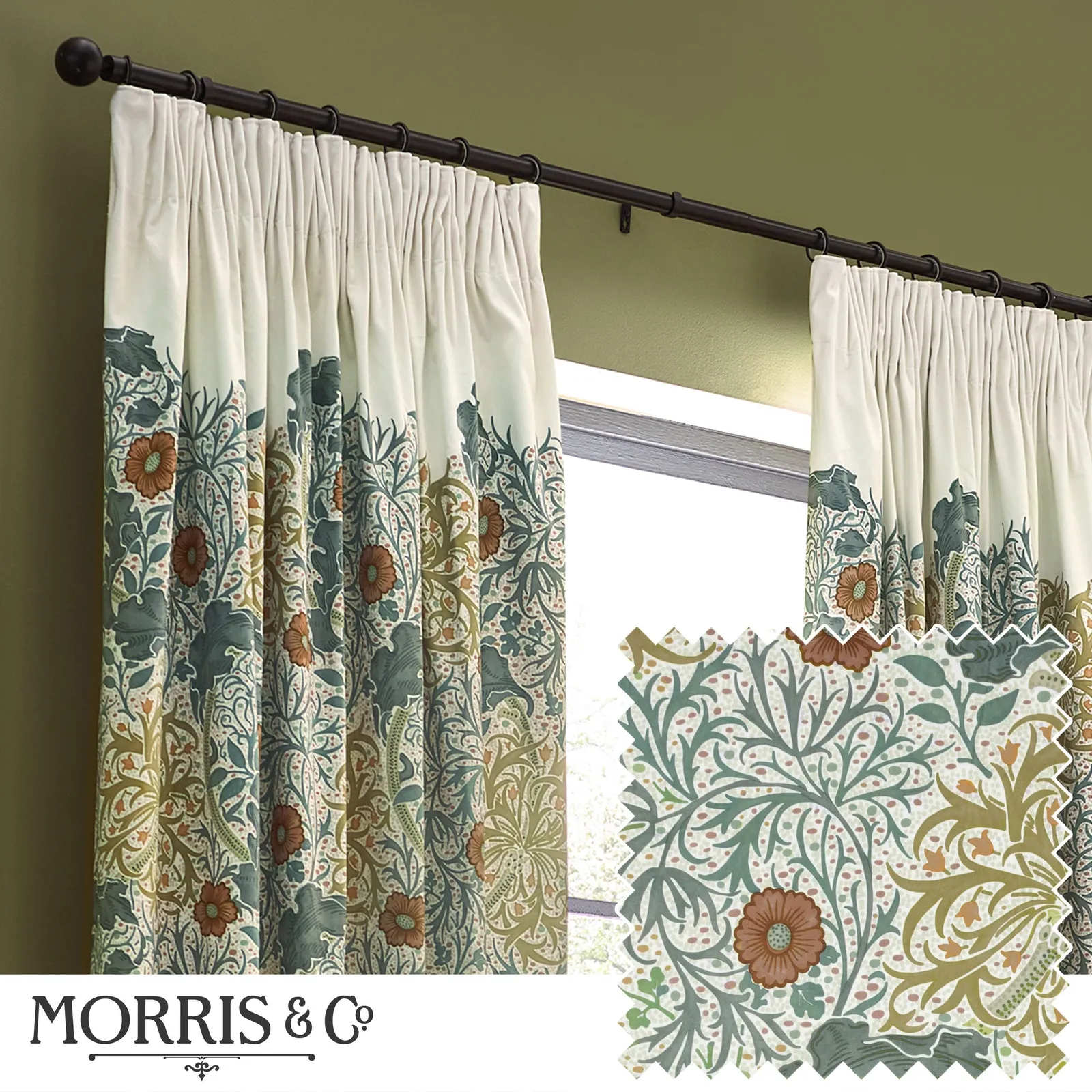Morris & Co Seaweed Printed Velvet Room Darkening Pencil Pleat Curtains in Stone