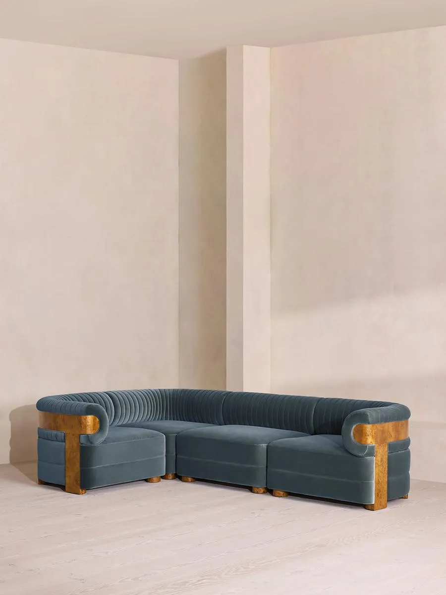 Caleb Modular L-Shape Sofa, Velvet, Grey Blue, Dark Burl