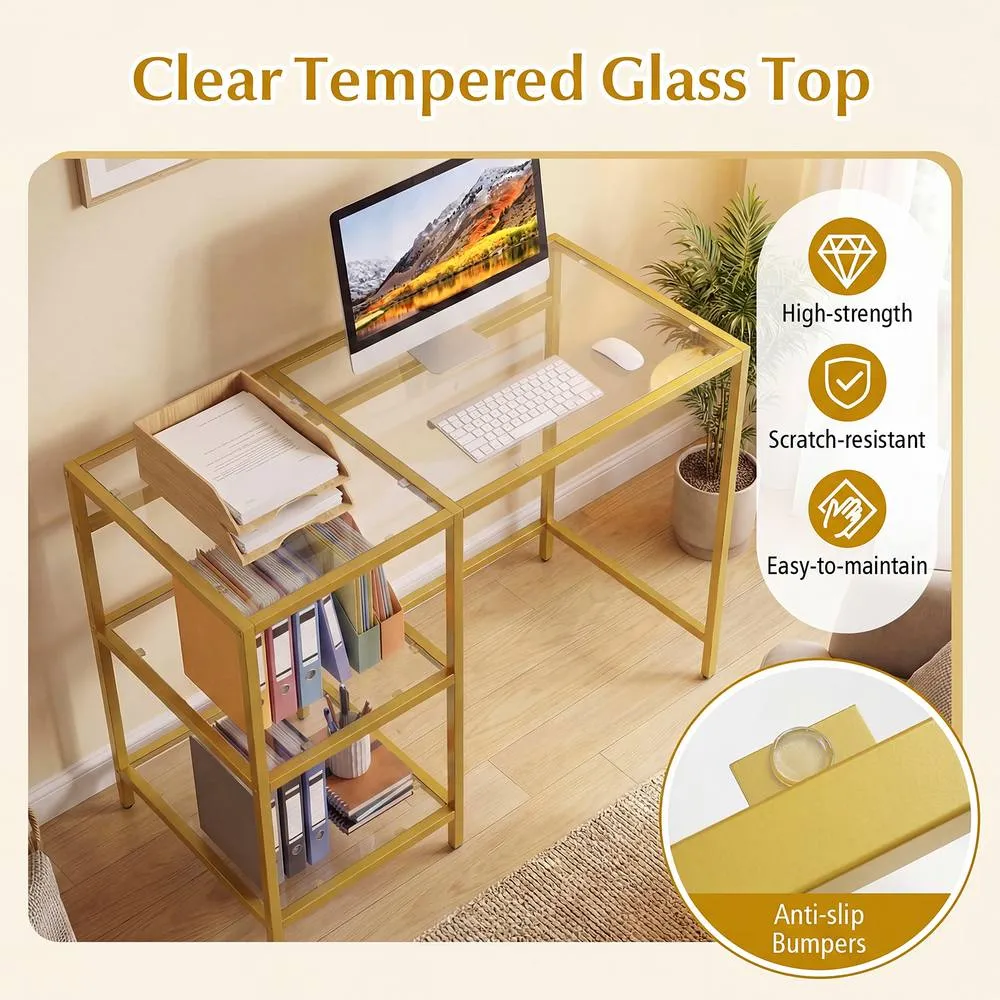 Costway Tempered Glass Computer Desk Modern Office Desk with Storage Shelves in Gold 3