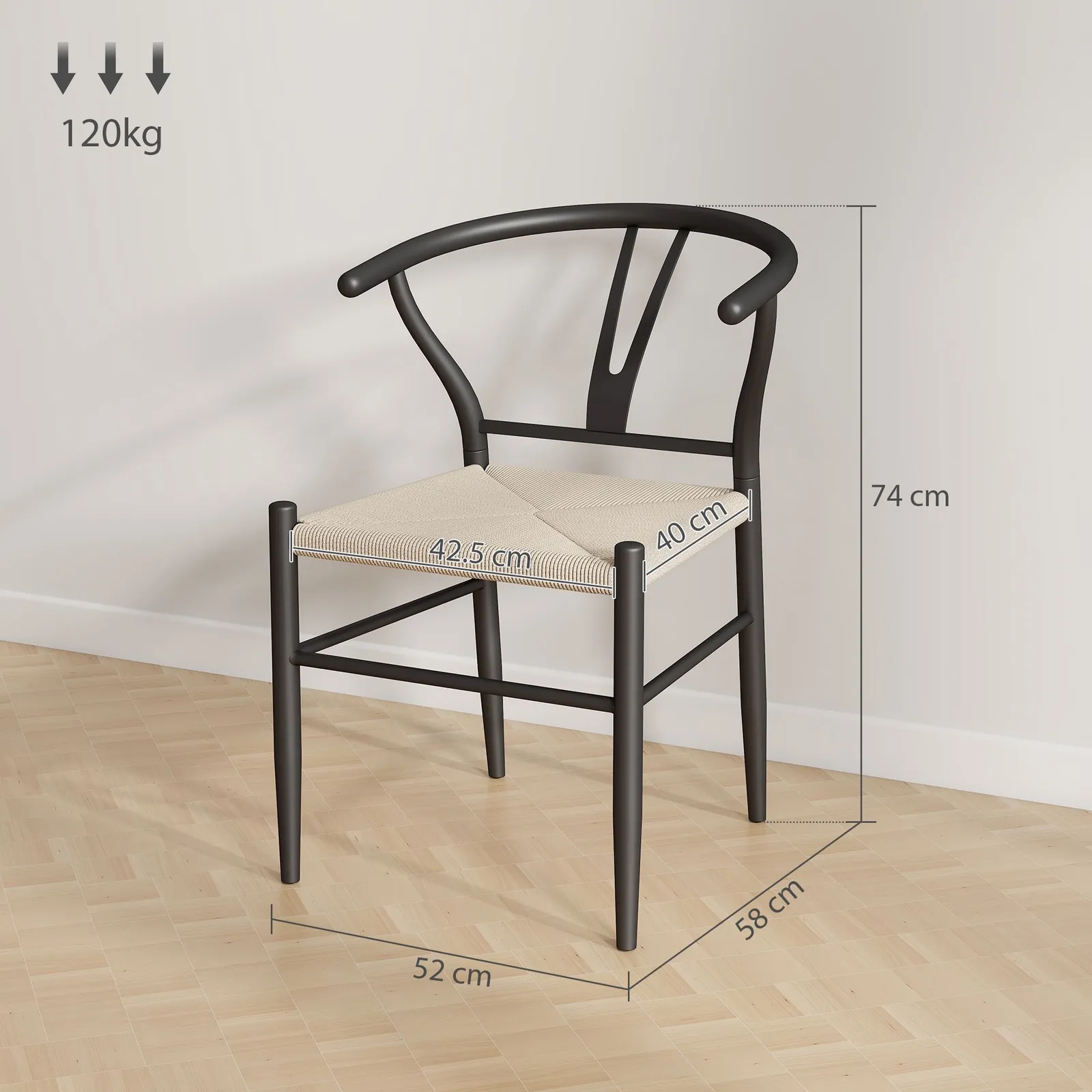 HOMCOM Weave Dining Chairs Set of 2 with Y-Shaped Backrest Hemp Seat Black 3