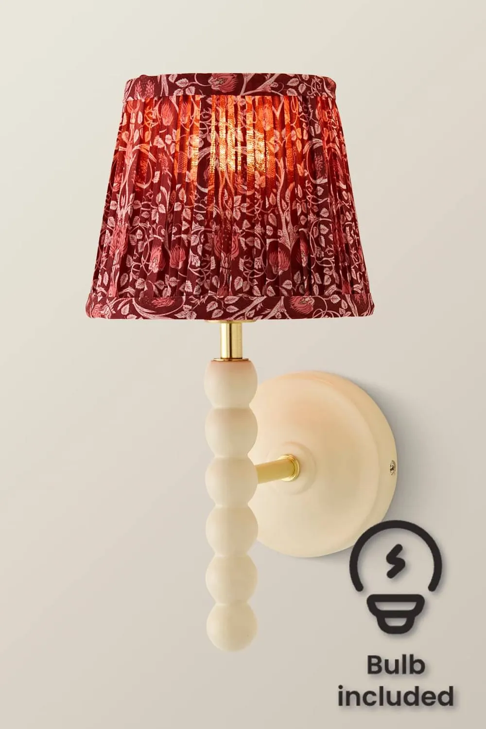 ValueLights Bobbins Pair Burgundy Floral Pleat Shade Wood Bobble Wall Light & Bulb in Cream 1