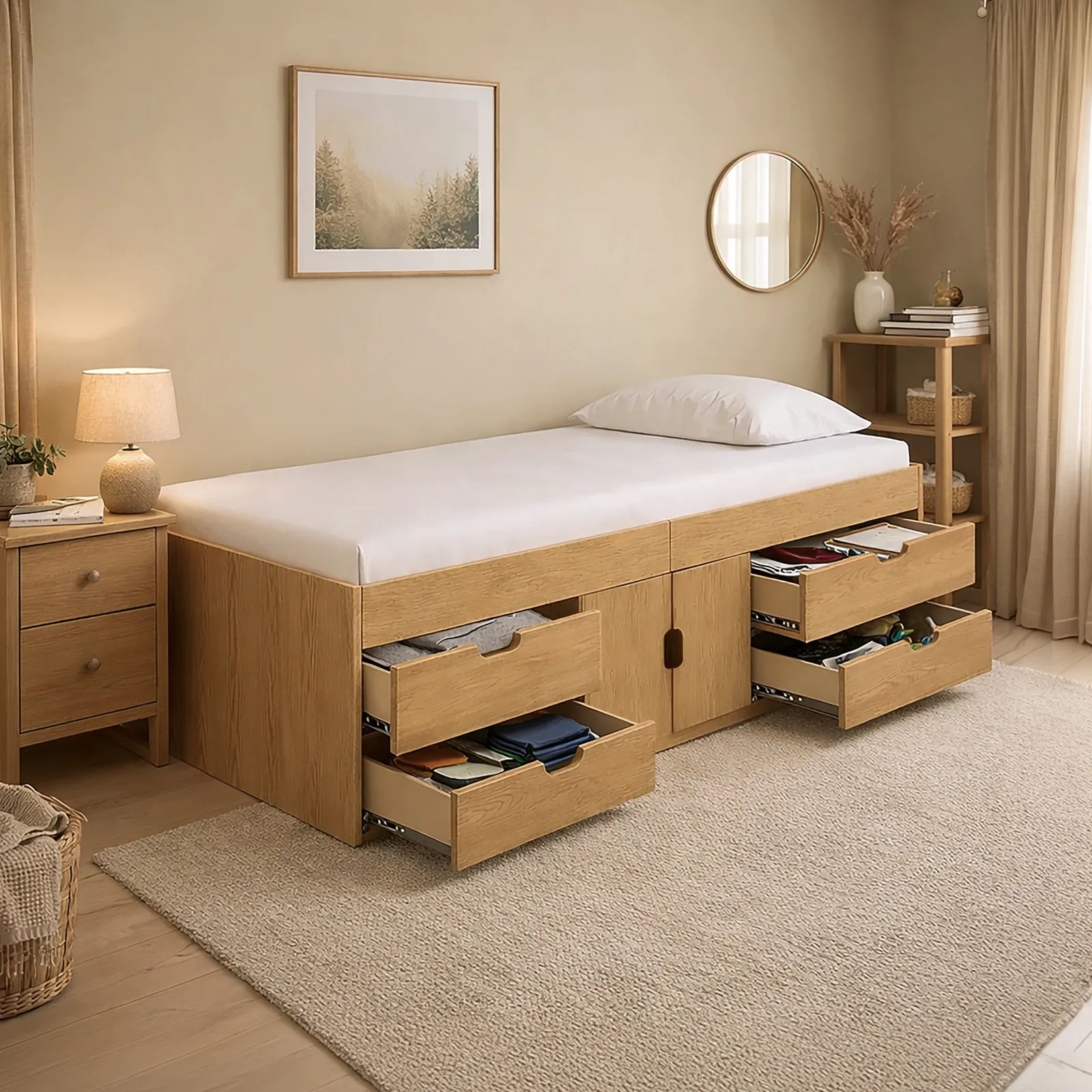 Arctic - Single - Kids Cabin 4 Drawer Storage Bed - Oak - Wood - 3ft - Happy Beds 1