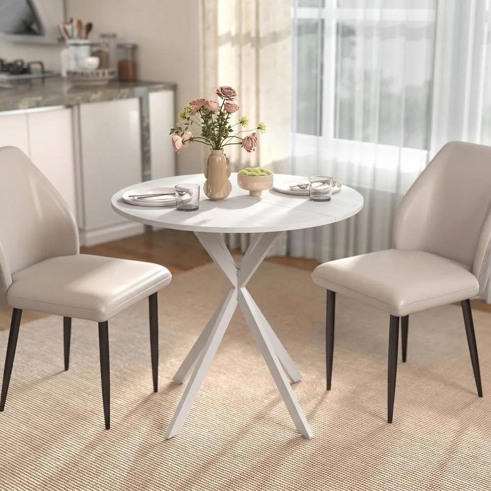 HOMCOM 80cm Round Dining Table, Industrial Kitchen Table with Steel Legs in White 2