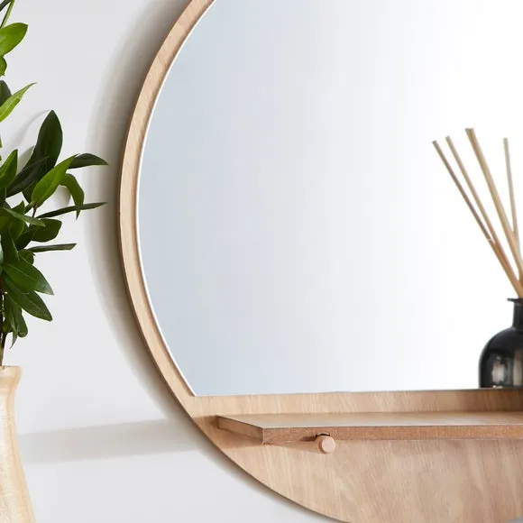 Wooden Round Wall Mirror with Shelf 2