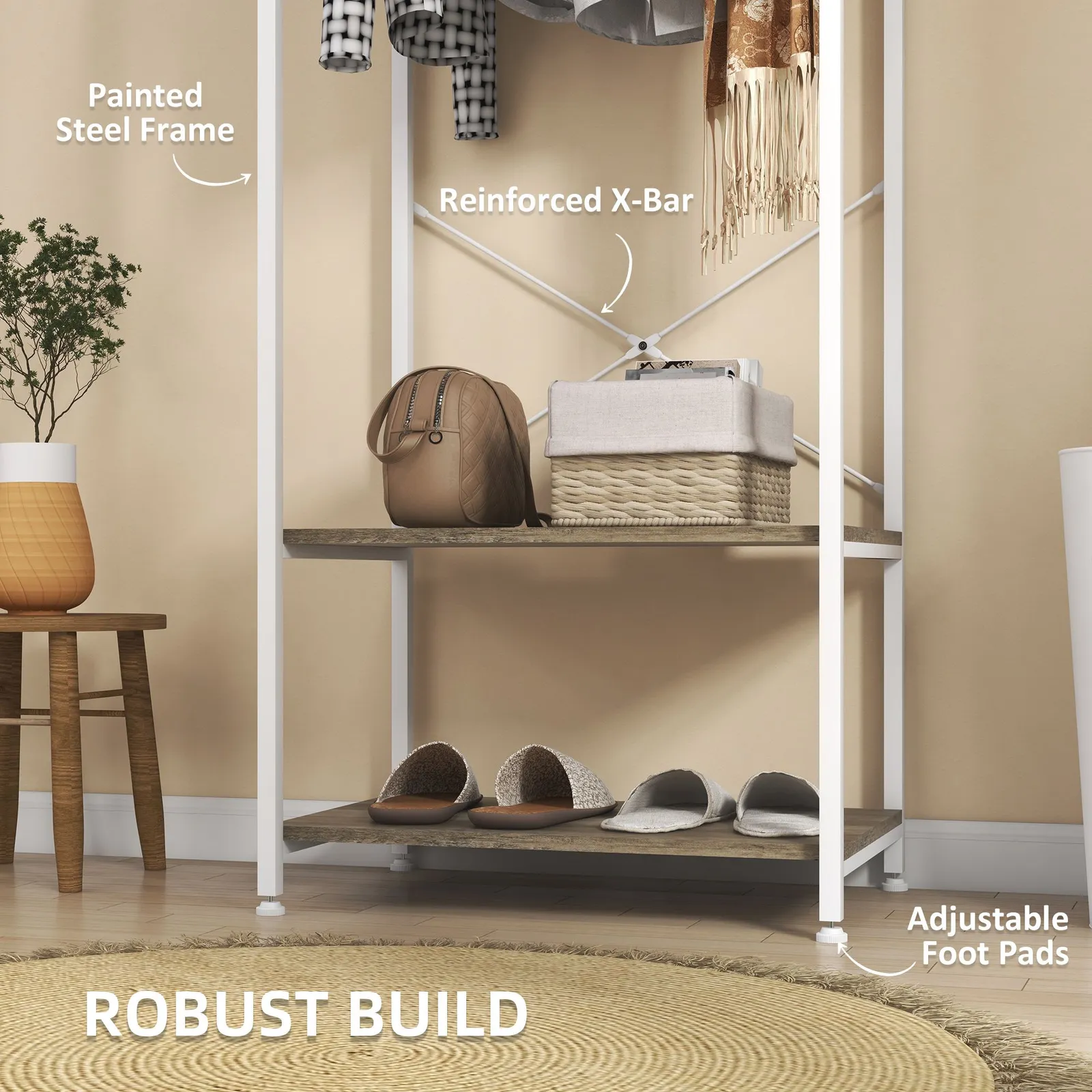 HOMCOM Coat Rack, 2-in-1 Clothes Stand w/ Shoe Storage, 168cm Free Standing Hall Tree w/ Hanging Rail & 2 Storage Shelves for Hallway, Entryway 5