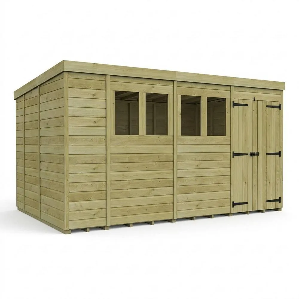 Buttercup Farm 14ft x 9ft Pent Garden Shed Double Door With Windows - Timber in Brown