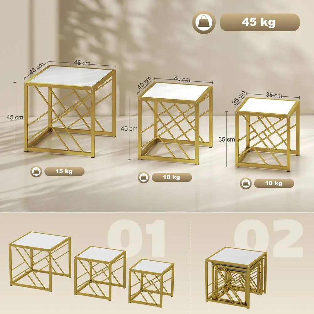 HOMCOM Set of 3 Nesting Coffee Tables Square End Tables w/ Metal Frame White 3