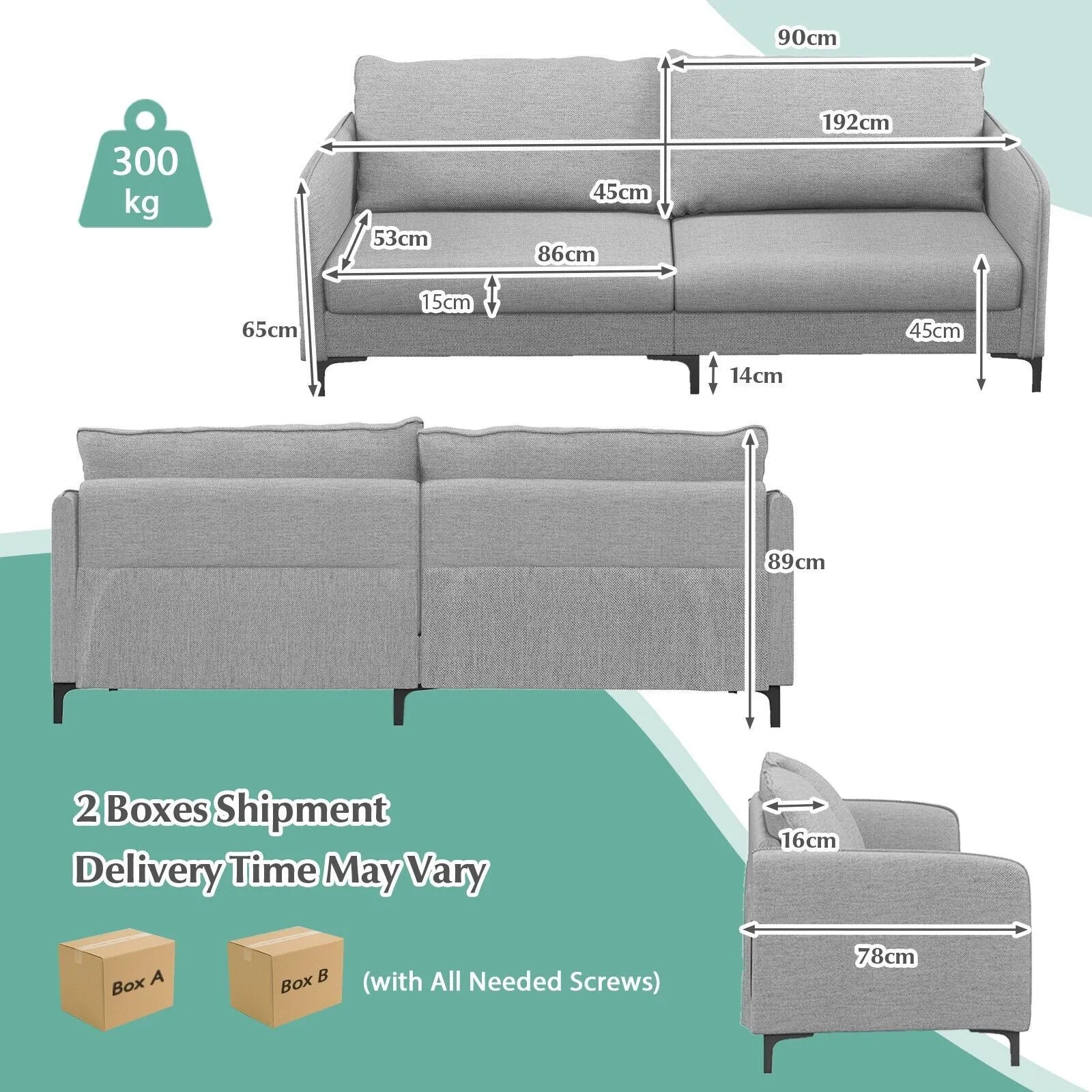 Costway Modern Loveseat Sofa Couch Upholstered Sofa Couch with Armrest Sturdy Metal Legs in Grey 2