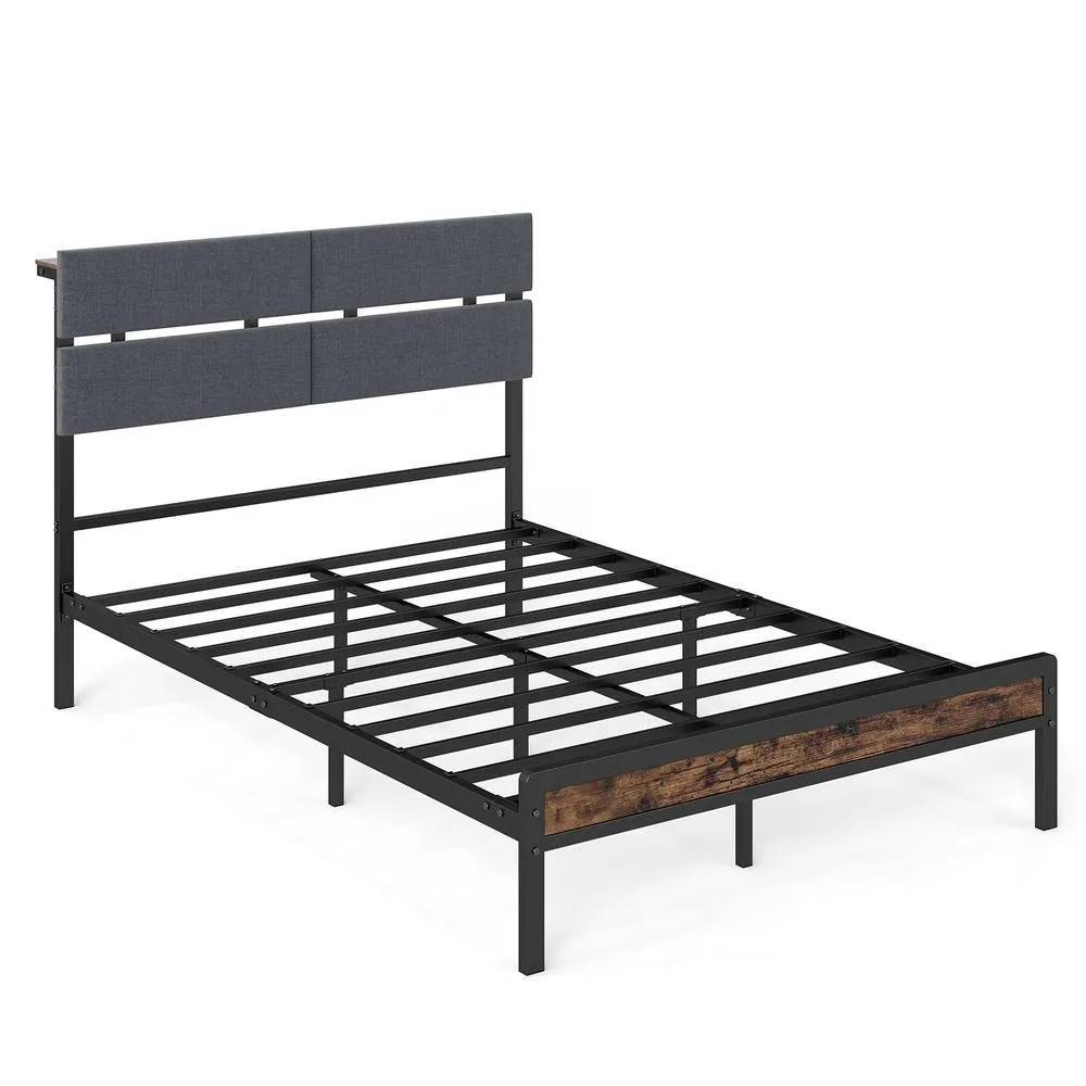 Costway Upholstered Metal Platform Bed Heavy-Duty Slats Support Shelf in Black