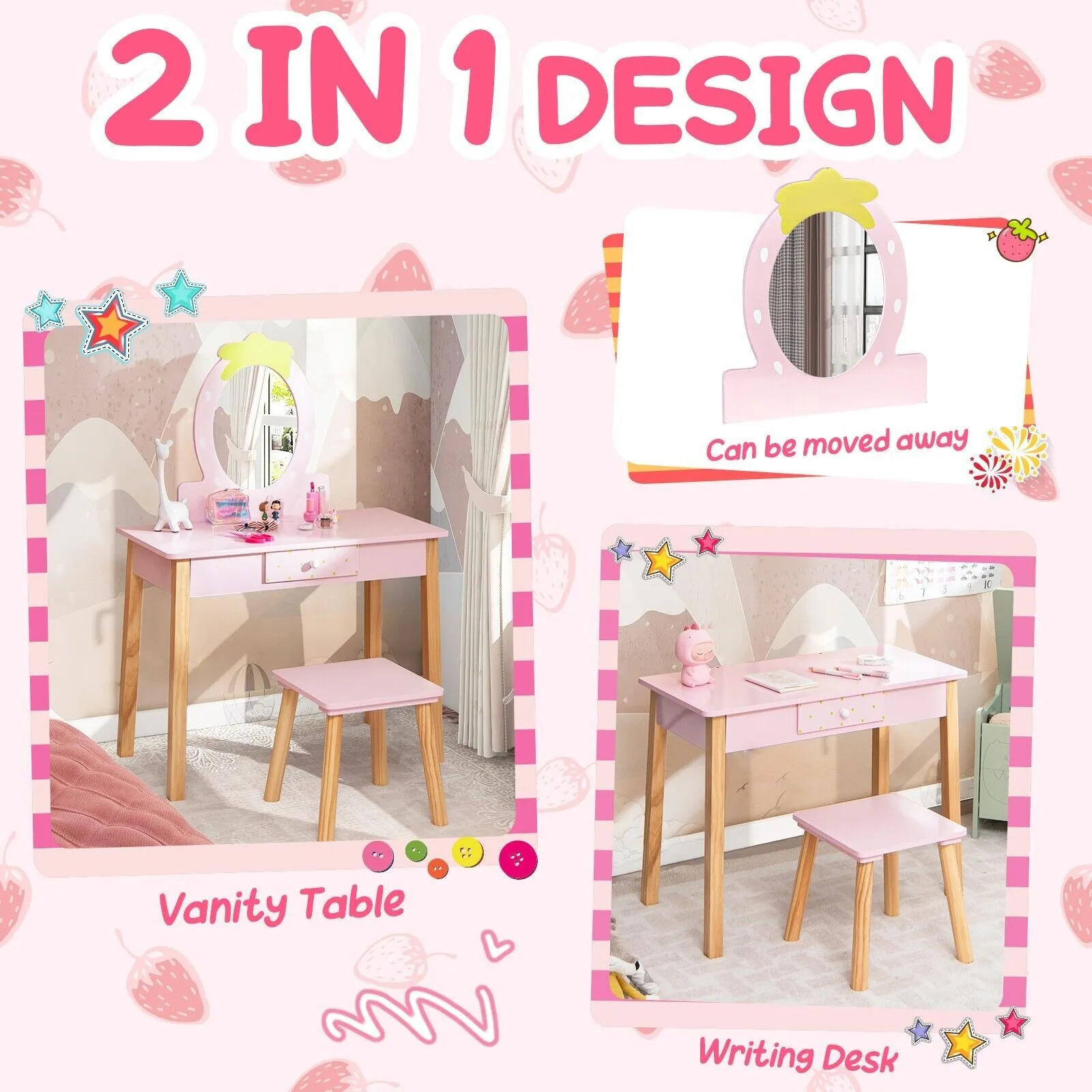 Costway 2in1 Vanity Set Wooden Vanity Set w/ Stool Mirror & Drawer in Pink 4