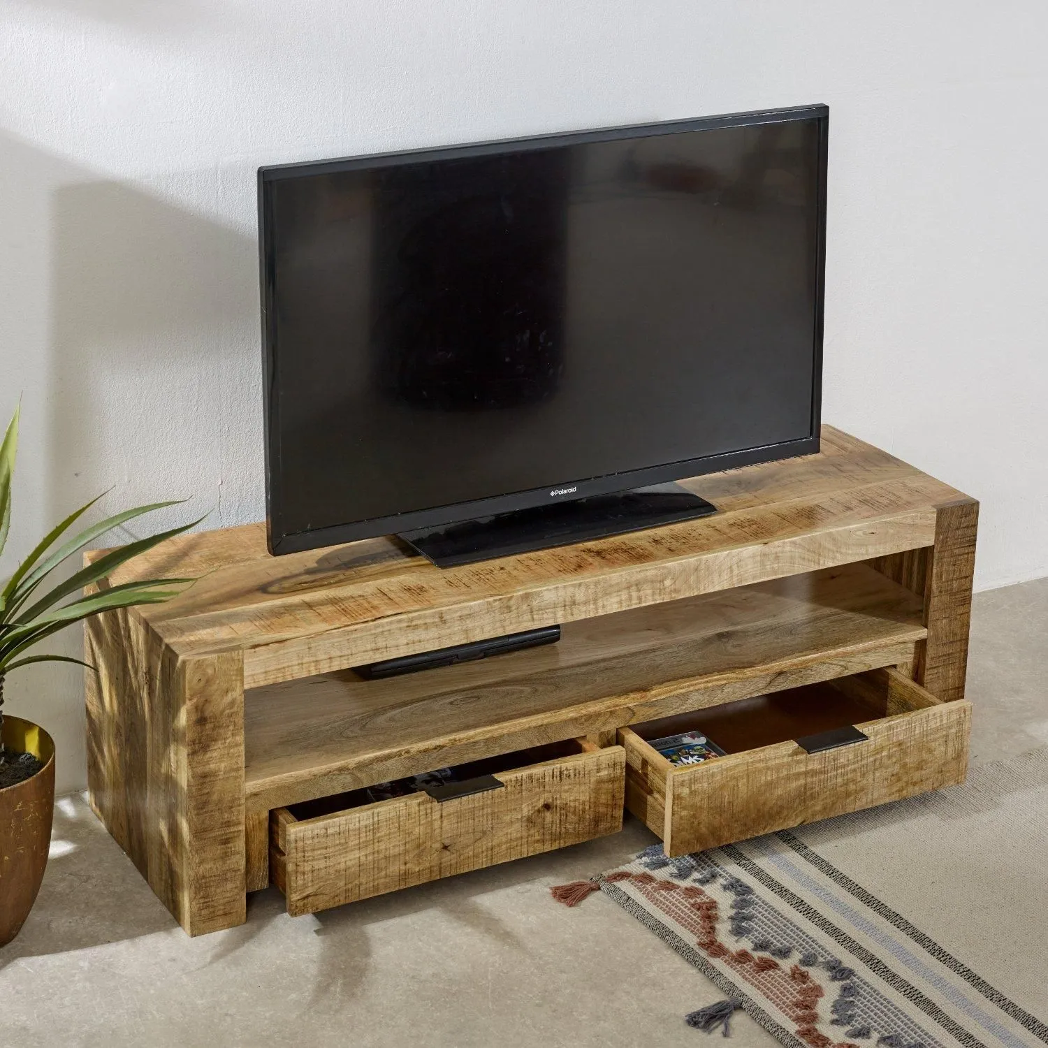 IH Design Bratton Mango Wooden Tv Stand With 2 Drawers in Brown 3