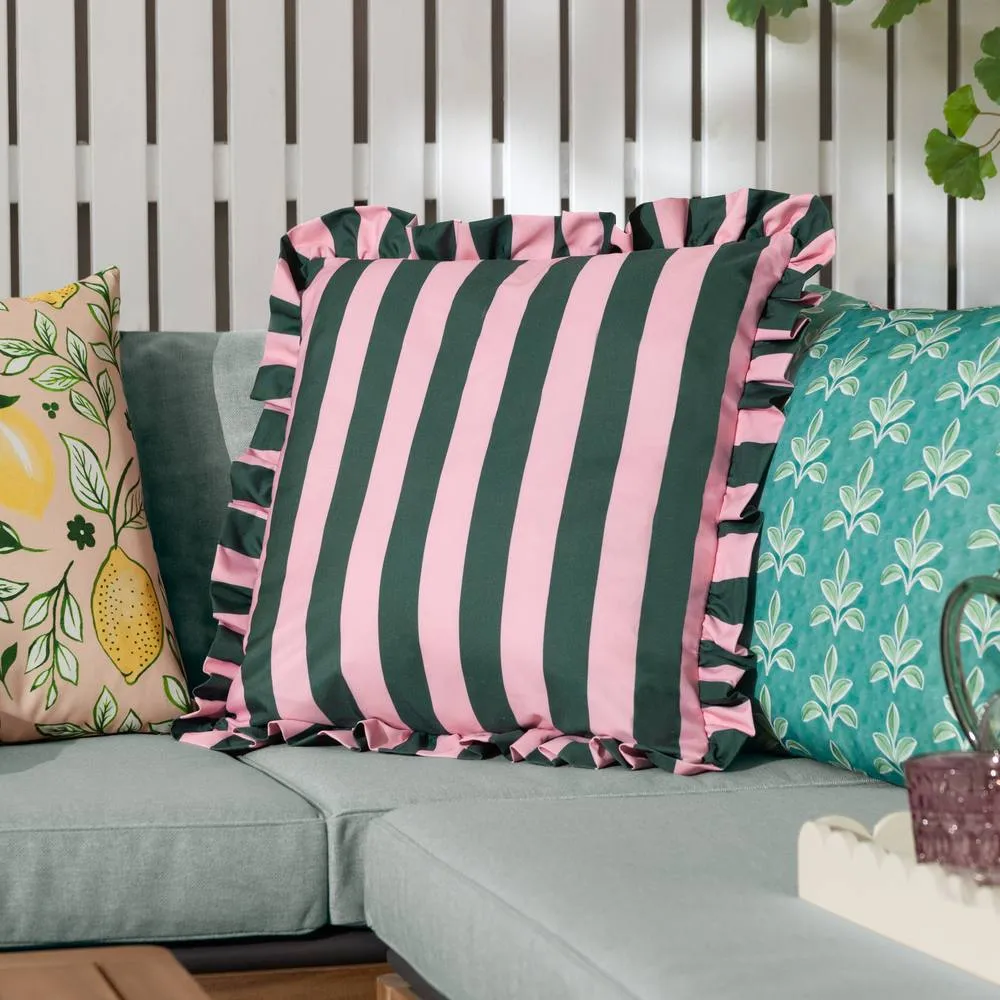 Furn Palm Royale Stripe Ruffle Printed Outdoor Cushion in Pink