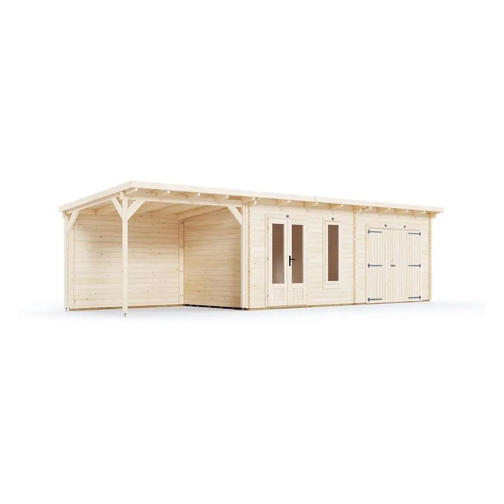 Dunster House Wooden Log Cabin With Gazebo 9.5m x 2.5m, EvilGenius in Beige