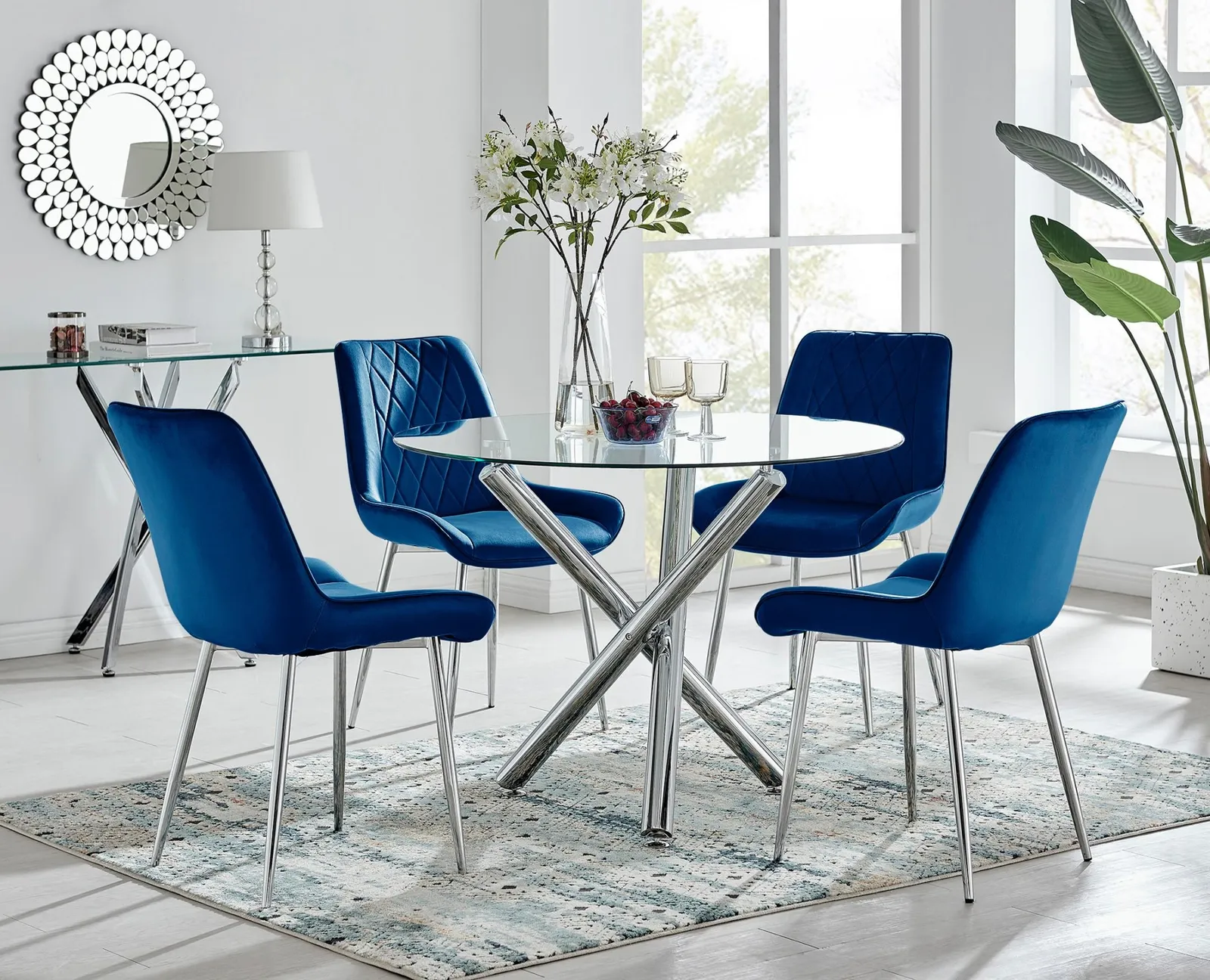 FurnitureboxUK Selina Round Glass Chrome Leg Dining Table & Pesaro Silver Leg Chairs in Navy 1