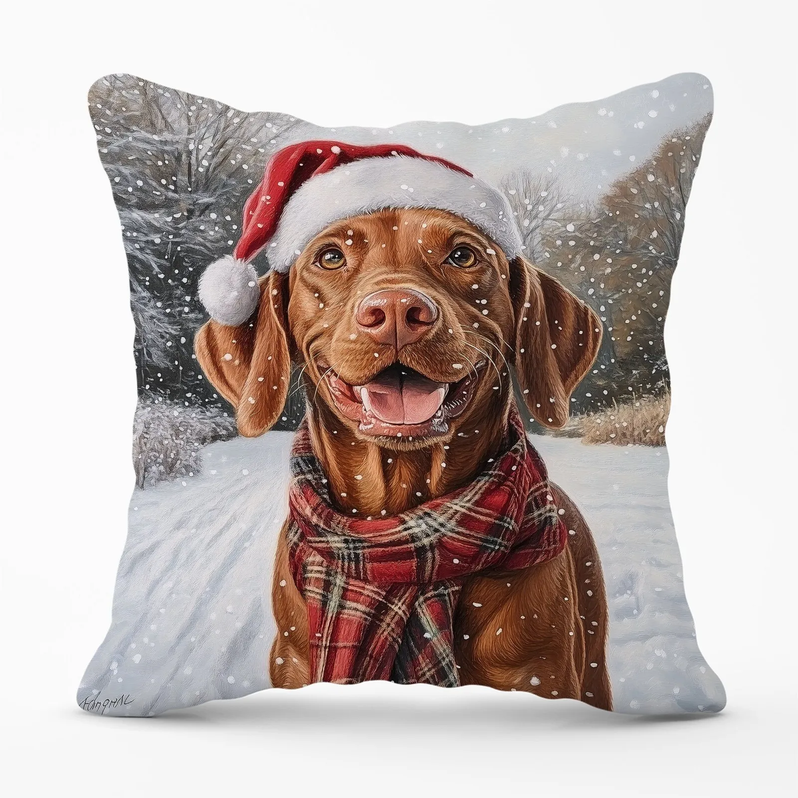 Warren Reed - Designer Christmas Vizsla Cushion in Brown