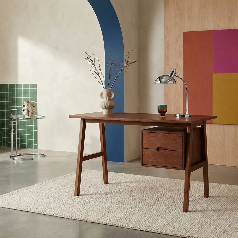sweeek Desk with 2 drawers hevea wood & oak veneer in Dark Brown 1