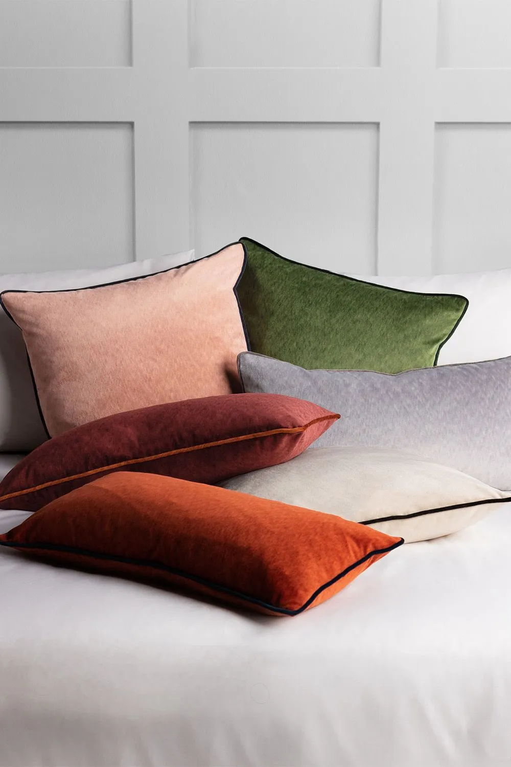 Paoletti Torto Mottled Velvet Contrast Piped Cushion in Green 5