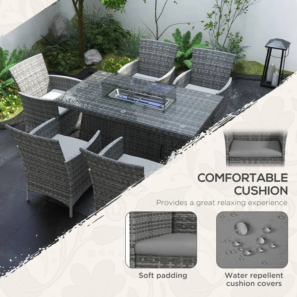 OUTSUNNY Rattan Dining Set with Fire Pit Table & Armchairs, Grey 5