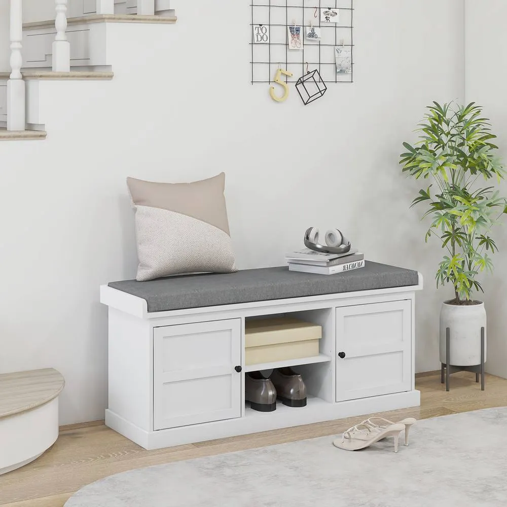 HOMCOM Shoe Bench with Cushioned Seat Adjustable Shelf for Hallway in White 2