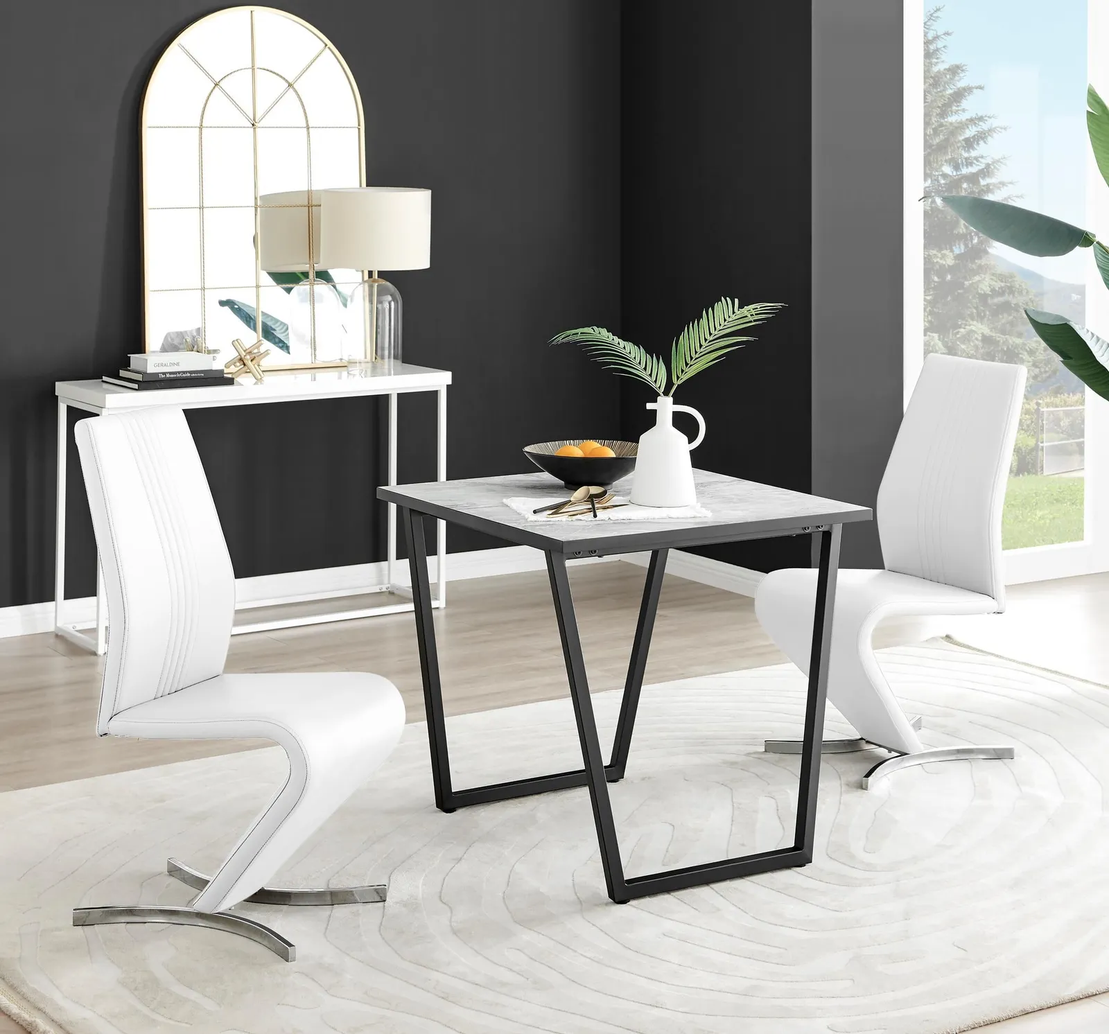 FurnitureboxUK Carson White Marble Effect Square Dining Table & 2 Faux Leather Willow Chairs 1