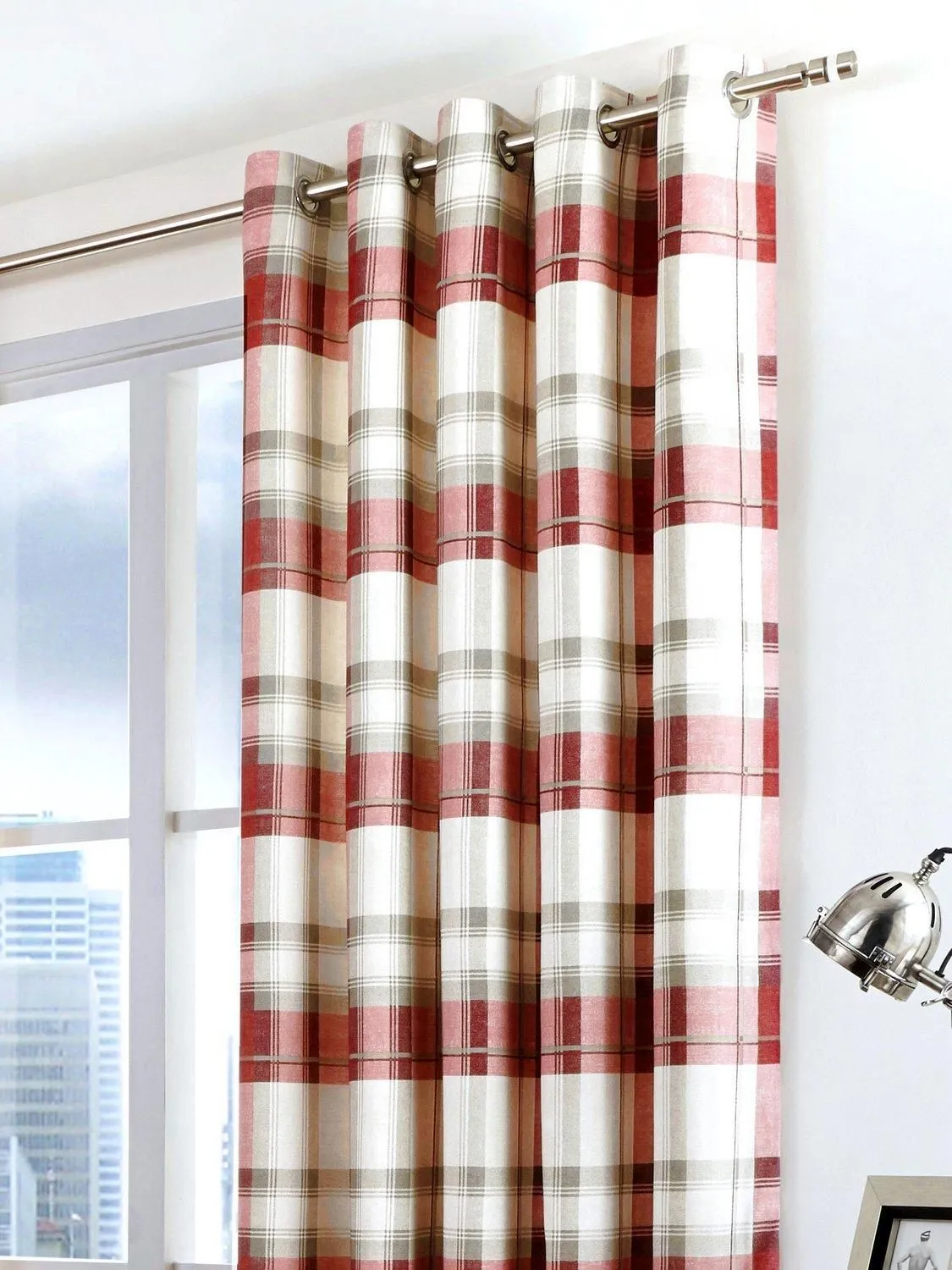 Fusion 'Balmoral Check' Country Checked Pattern Pair of Eyelet Curtains in Scarlet 2