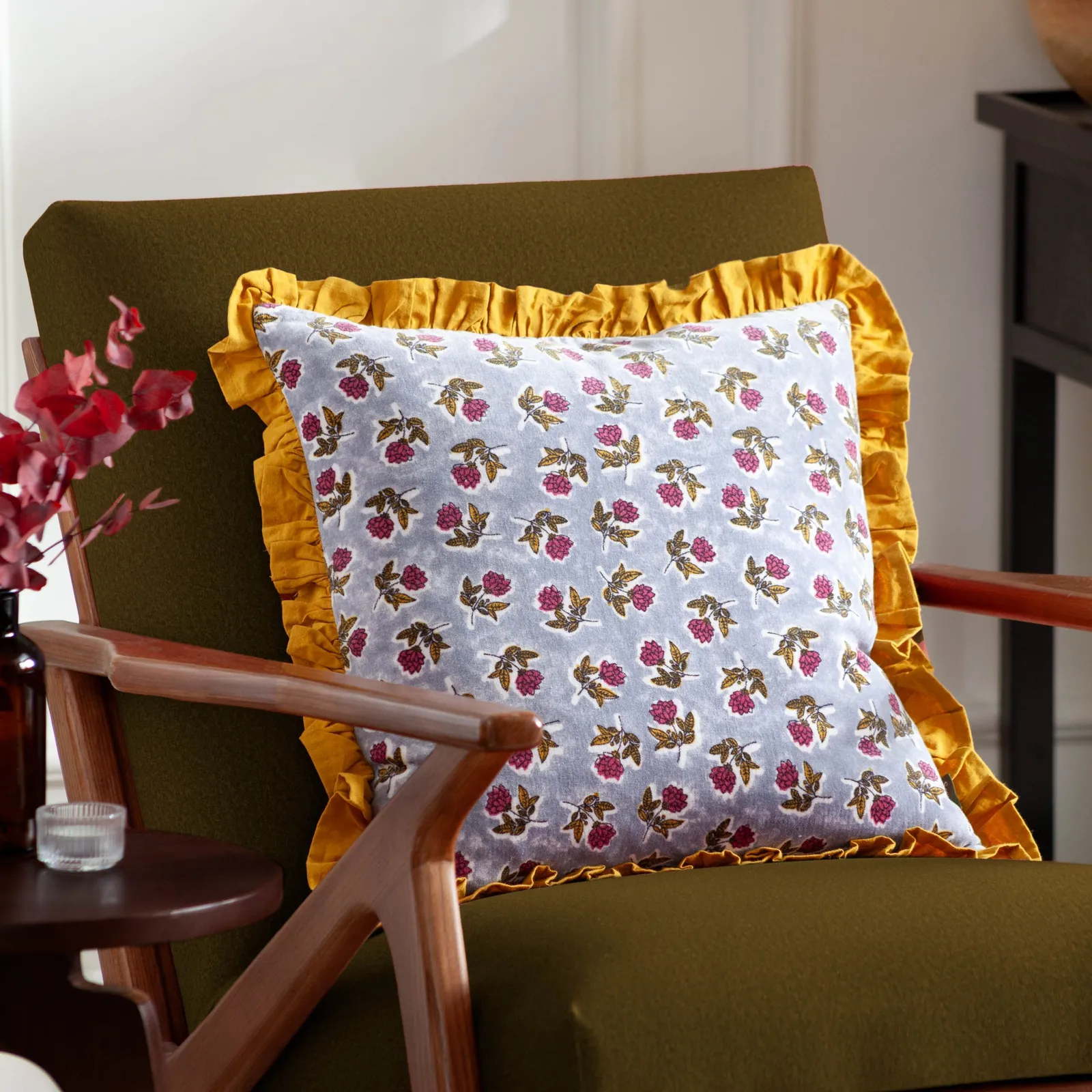 Paoletti Kemble Floral 100% Cotton Frilled Cushion in Mustard 1