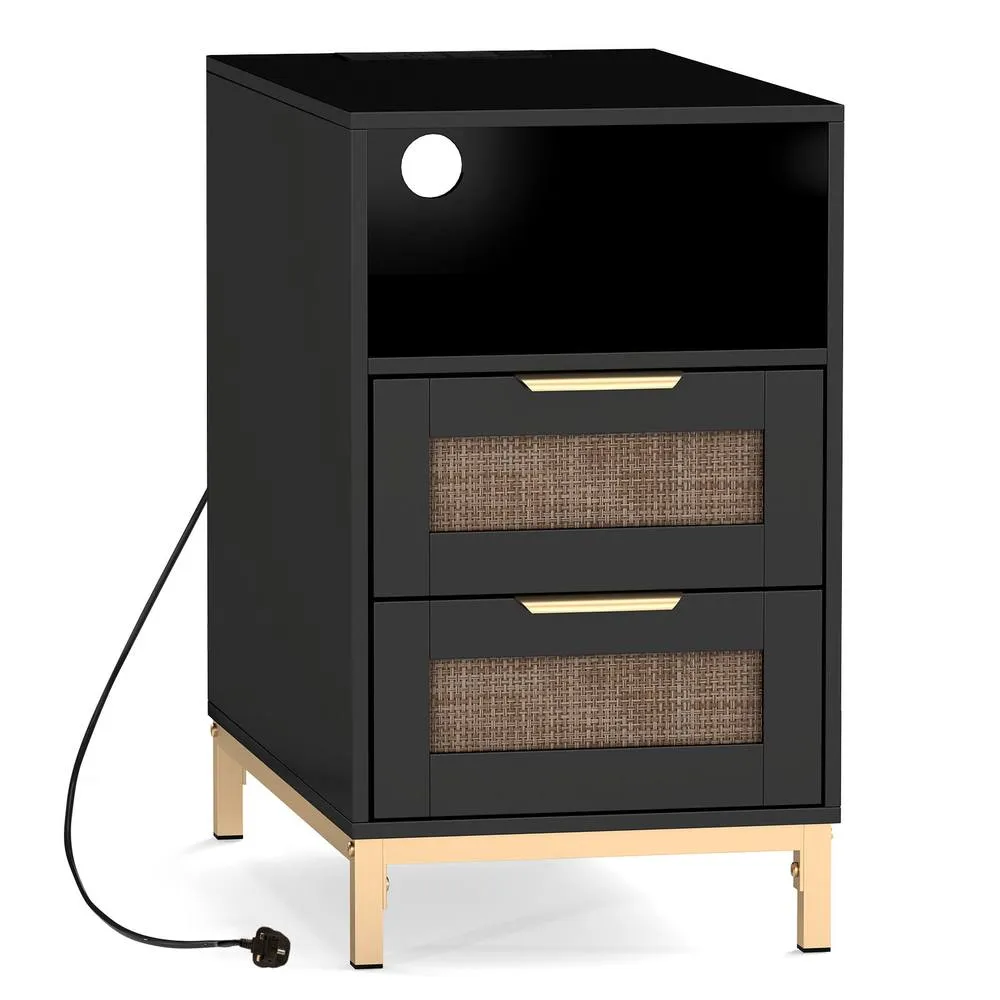 Costway Narrow End Table with Charging Station in Black
