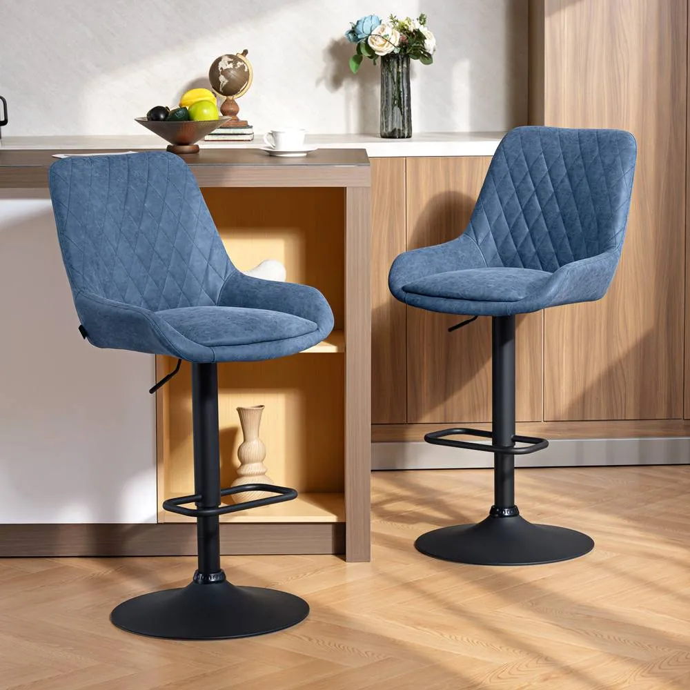 HOMCOM PU Leather Padded Bar Stools Set of 2 with Metal Base, Dark Blue