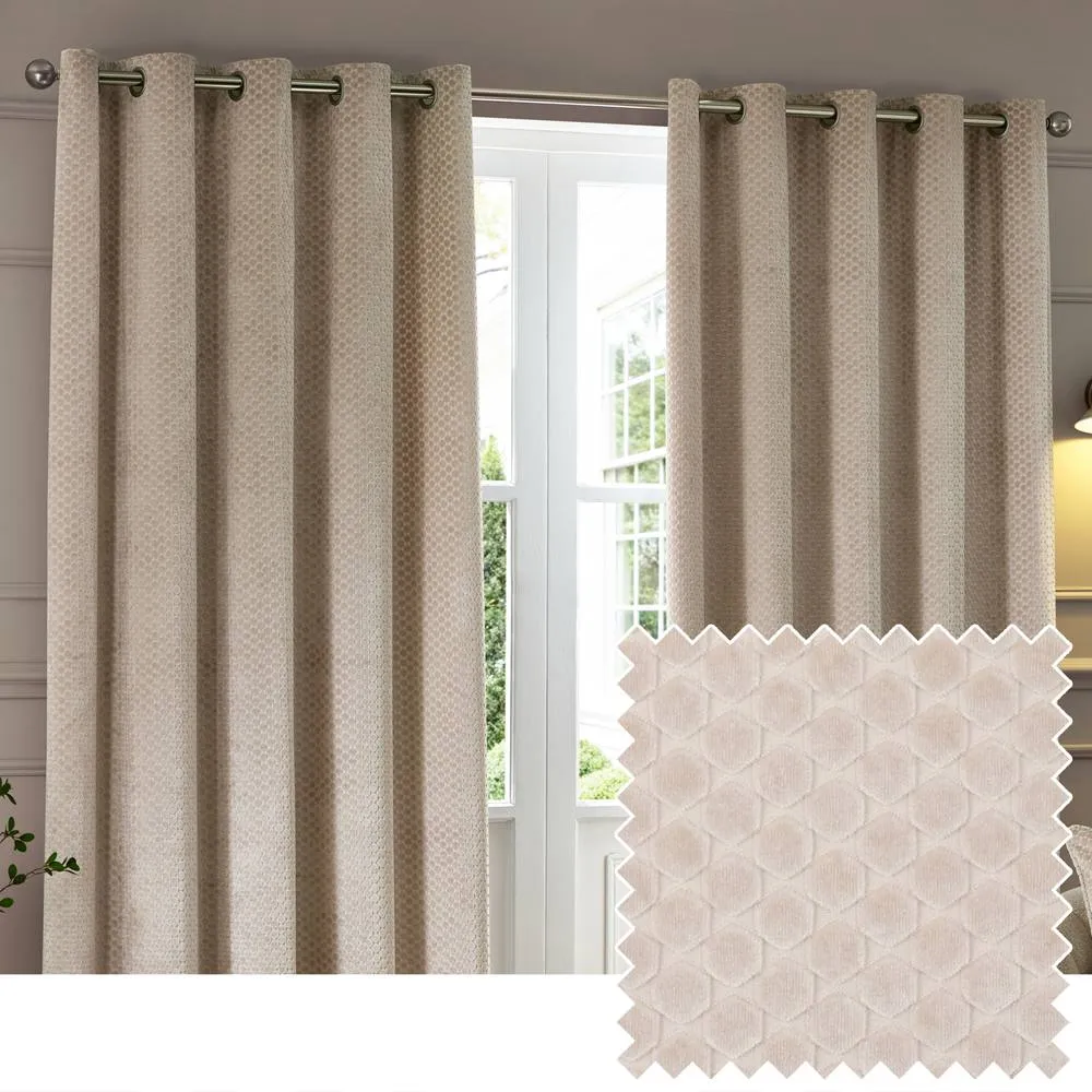 Paoletti Neptune Fully Lined Velvet Eyelet Curtain Pair in Beige