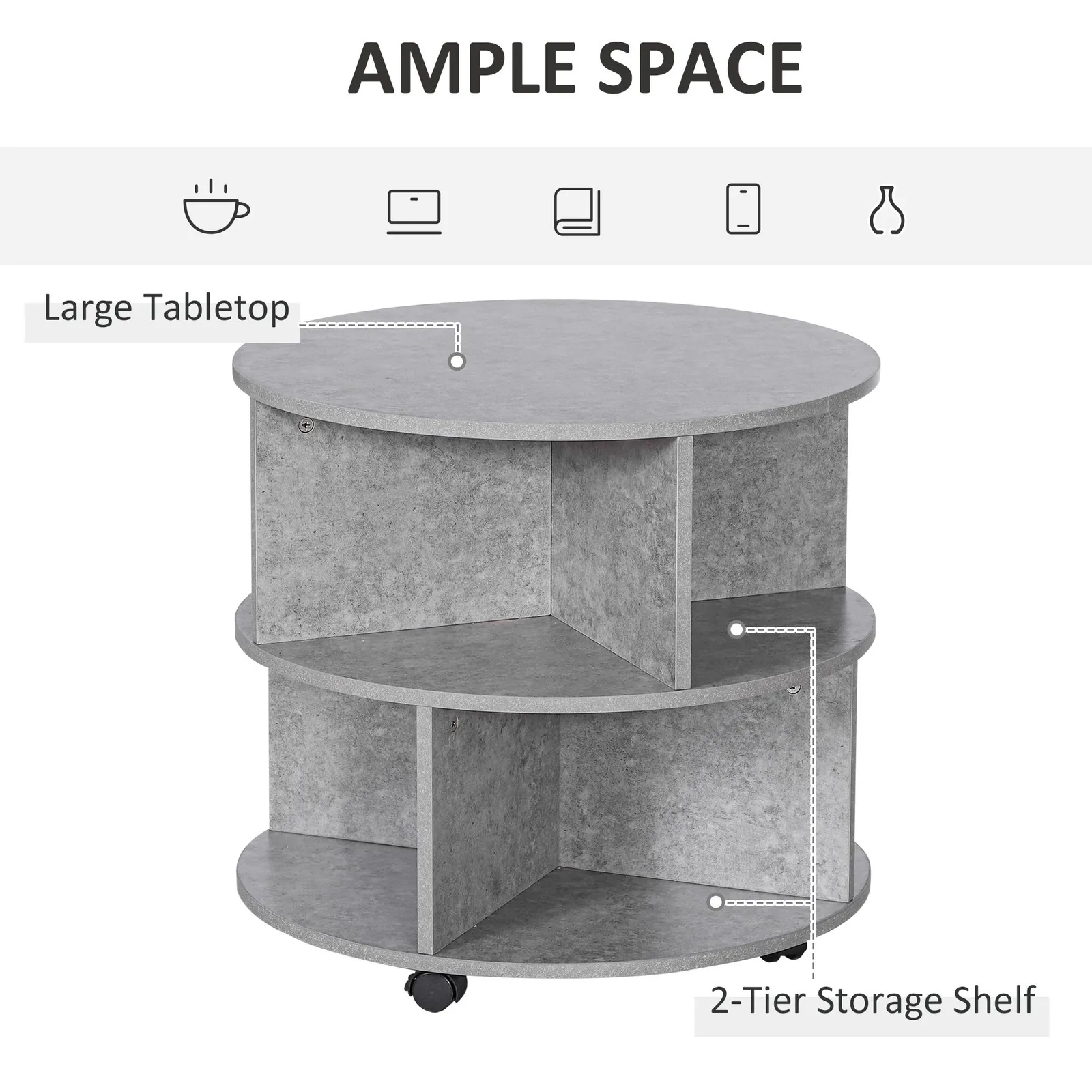 HOMCOM 2 Tier Round Coffee Tea Table End Side Desk Sector Divider Shelves in Grey 4