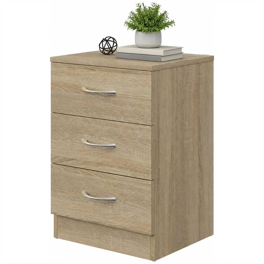 HOMCOM Modern 3 Drawers Side Table, Bedside Table with Wood Effect, Oak in Light Oak
