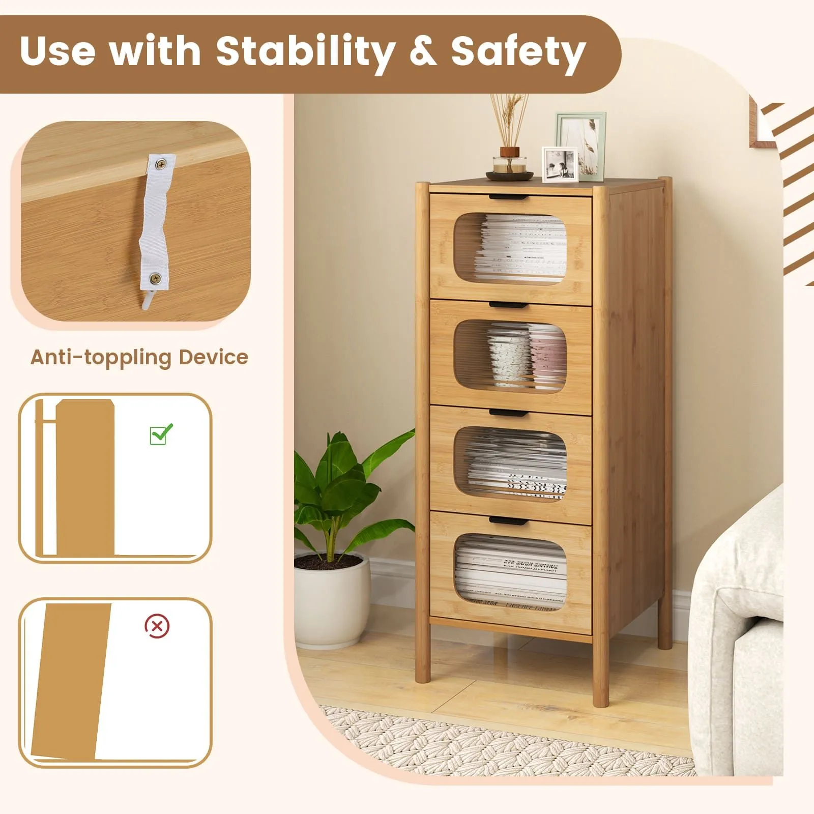Costway 4-Drawer Dresser Bamboo Storage Cabinet w/Tempered Glass Drawers in Natural 4
