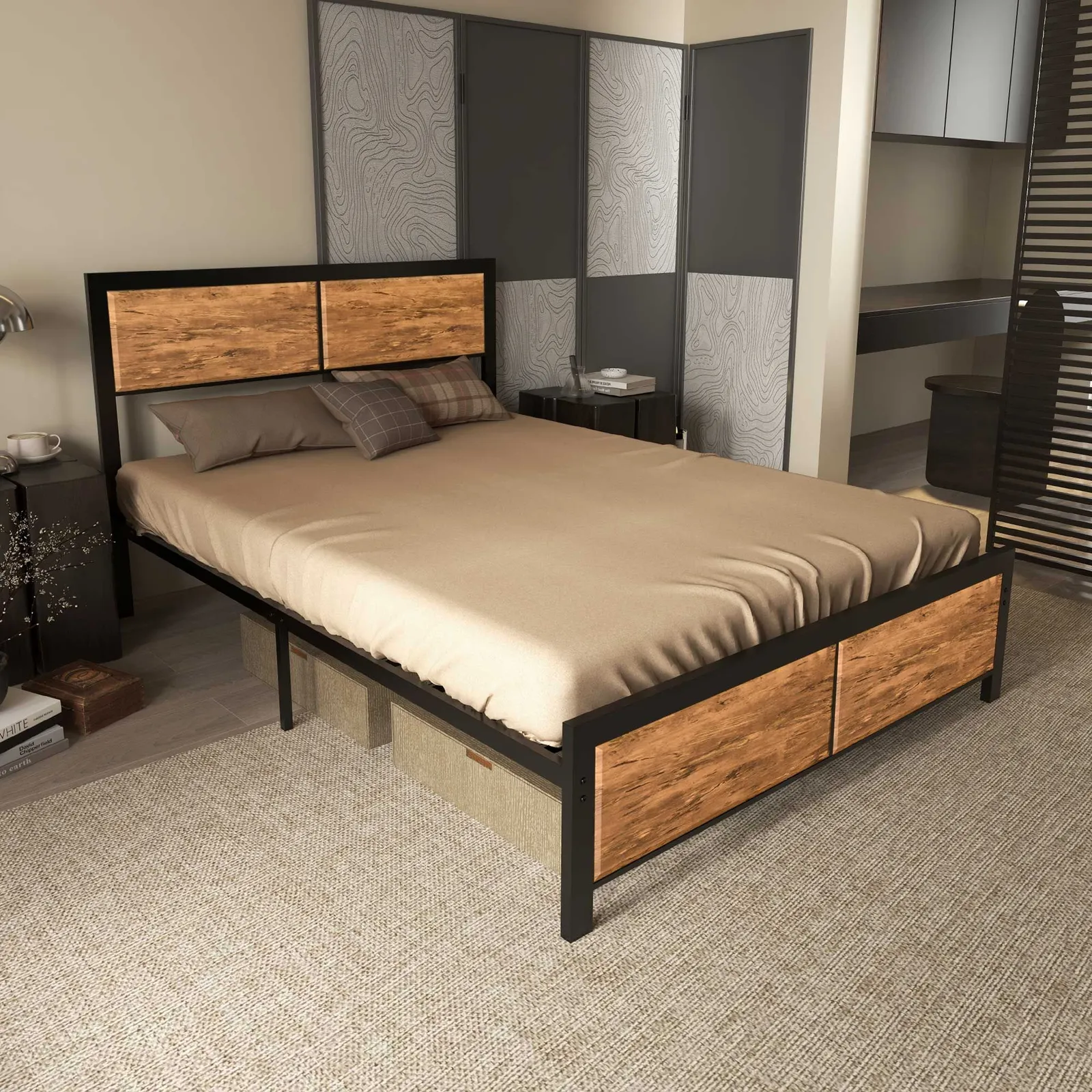 HOMCOM Bed Frame Steel Bed Base with Headboard Brown