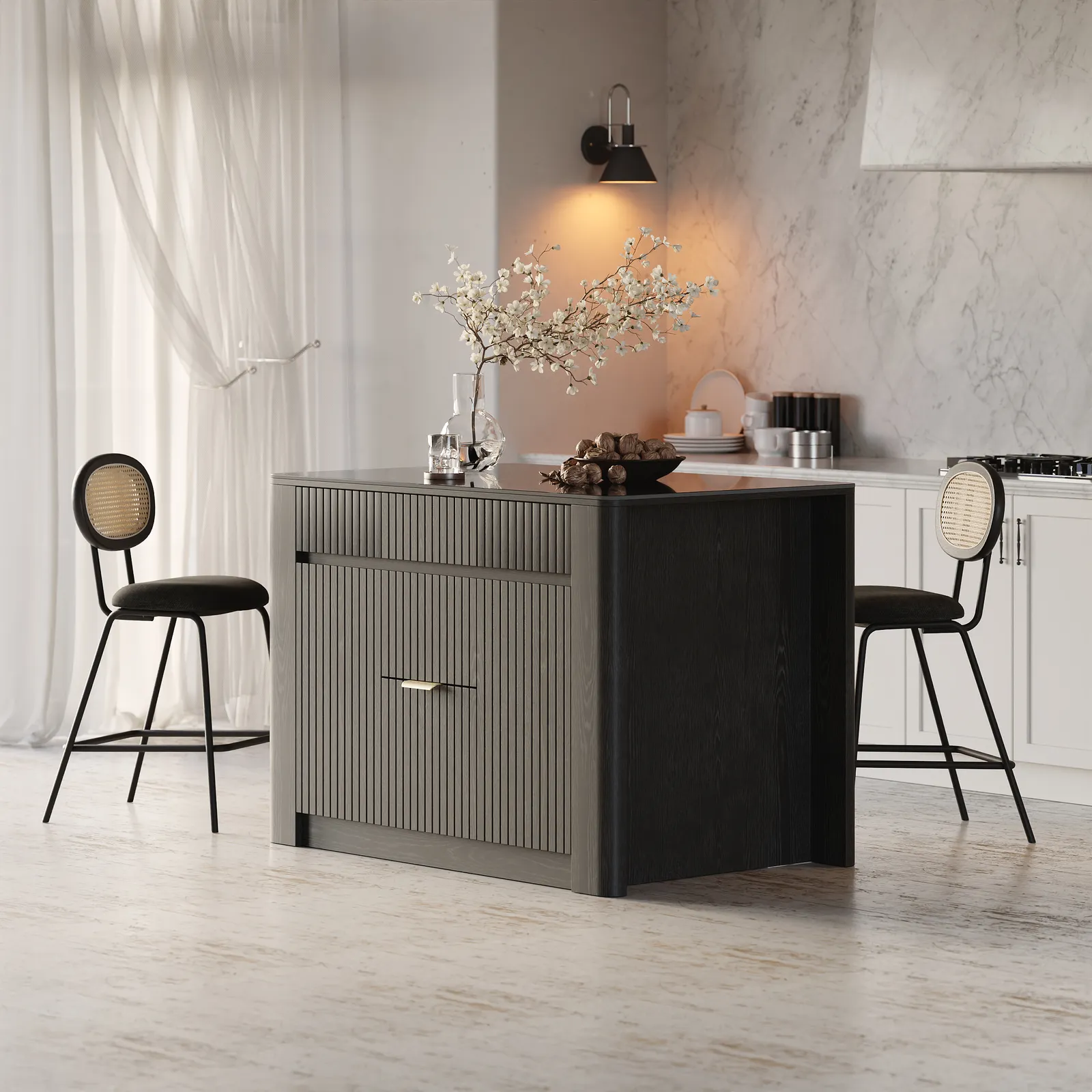 1290mm Kitchen Island Sintered Stone Top with Storage Black Modern