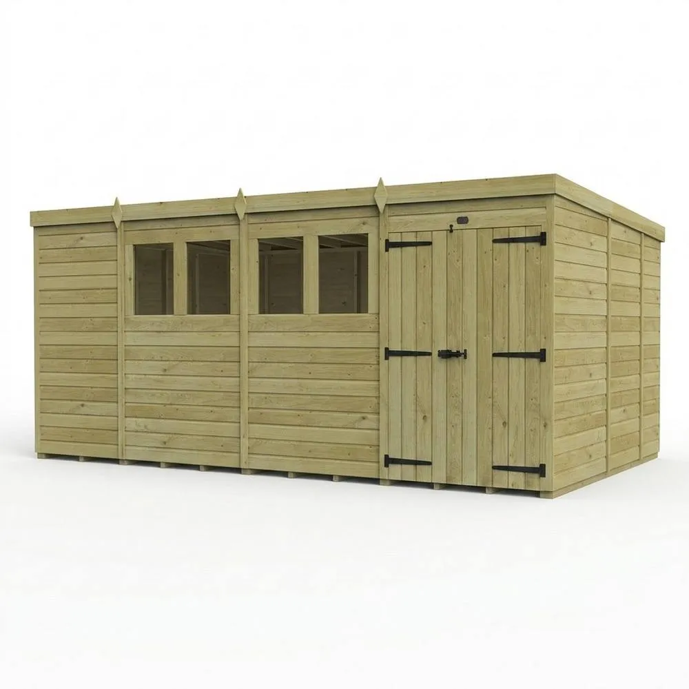 Buttercup Farm 15ft x 9ft Pent Garden Shed Double Door With Windows - Timber in Brown
