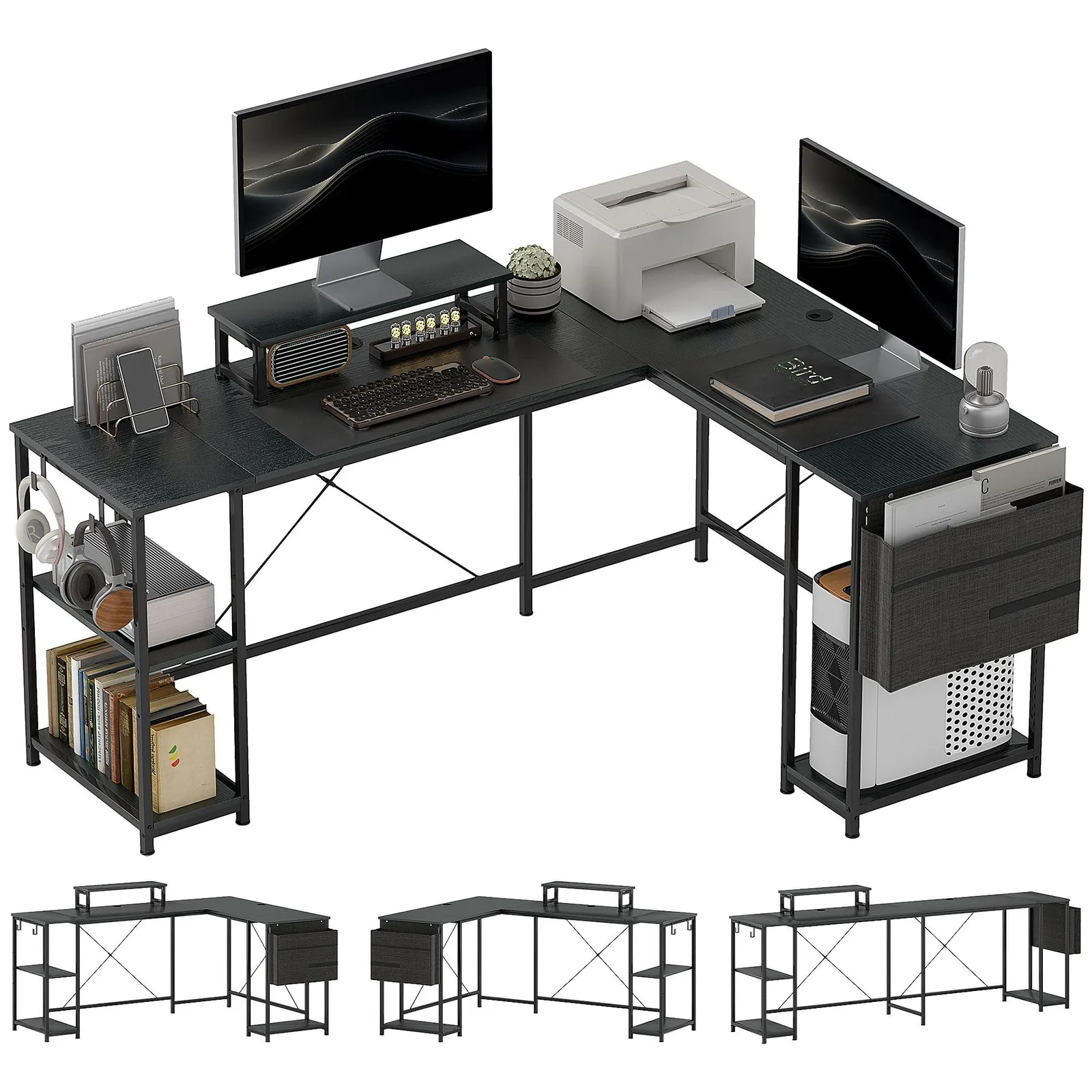 HOMCOM 168cm Reversible L Shaped Desk, 240cm Two Person Desk in Black 2