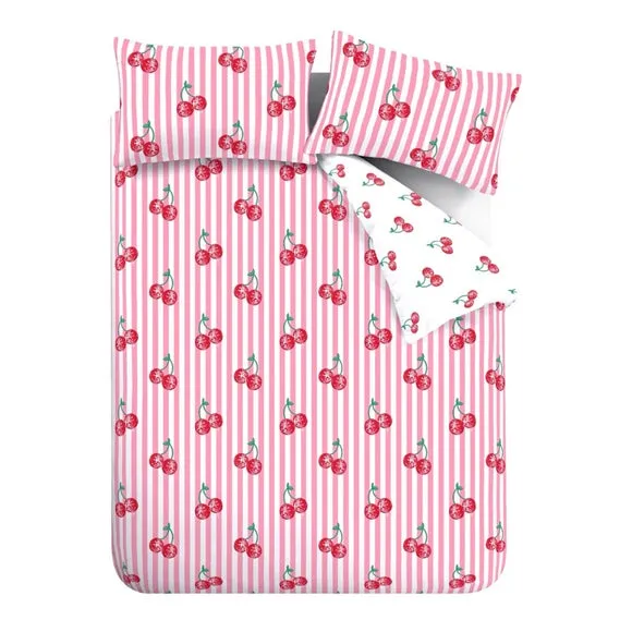 Catherine Lansfield Disco Cherries Stripes Polycotton Duvet Cover & Pillowcase Set 5